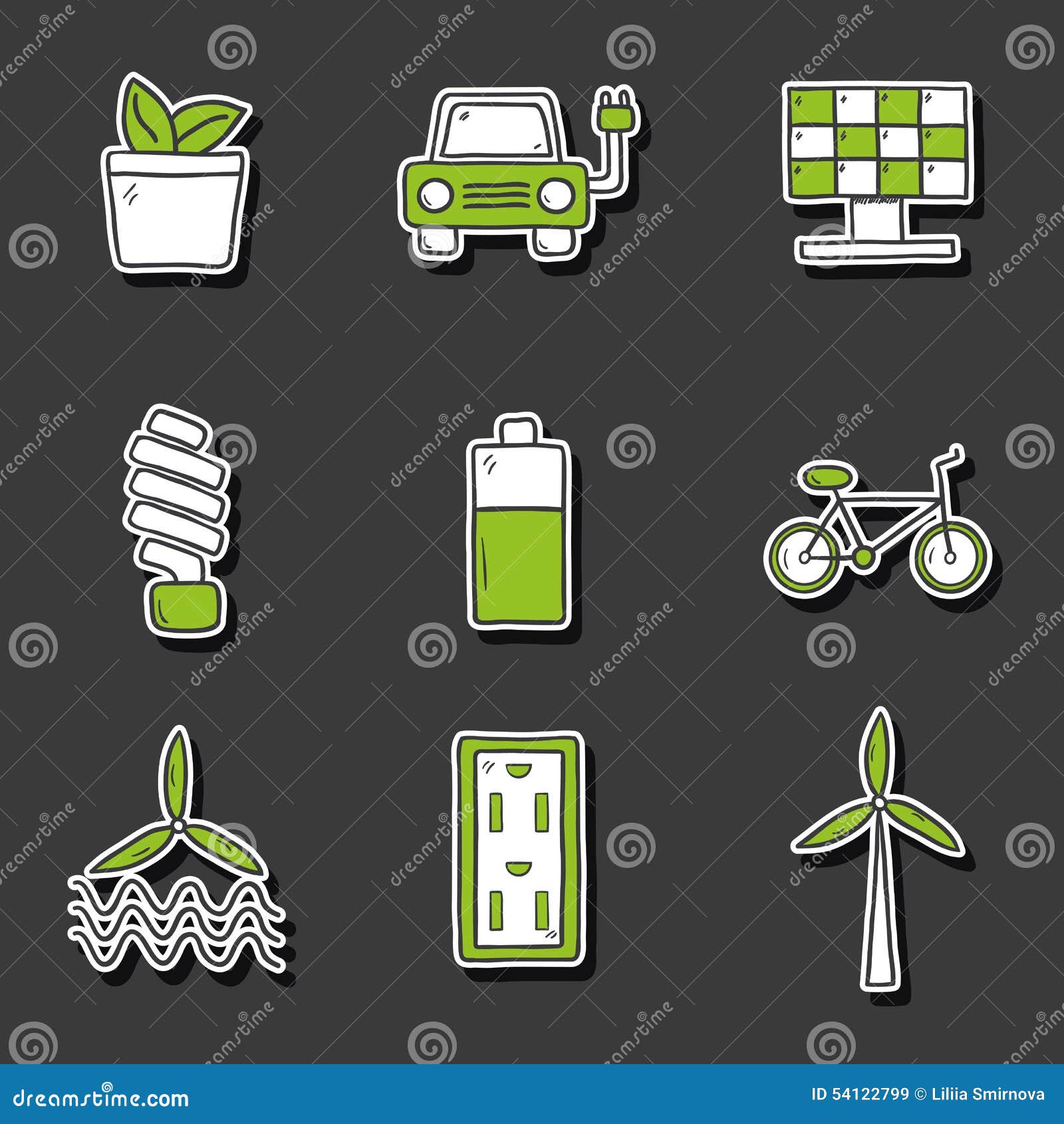 Set of Hand Drawn Stickers on Renewable Energy Stock Vector Illustration of isolated