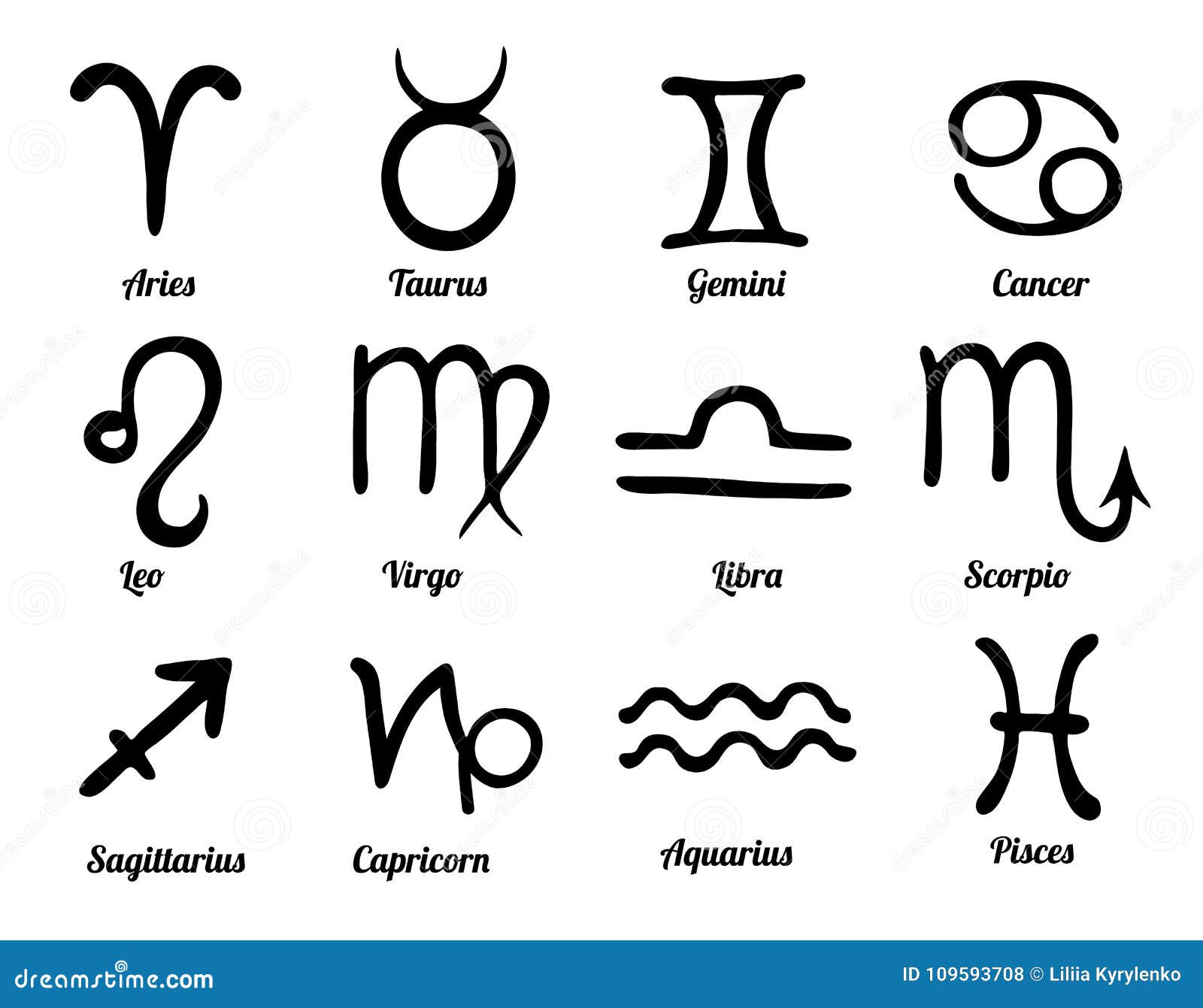 Set of 12 Hand Drawn Zodiac Signs. Black Astrological Symbols Stock ...