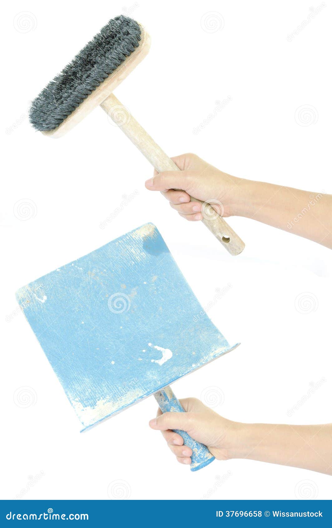 Set of Hand Holding Construction Bucket Trowel and Brush Isolated Stock