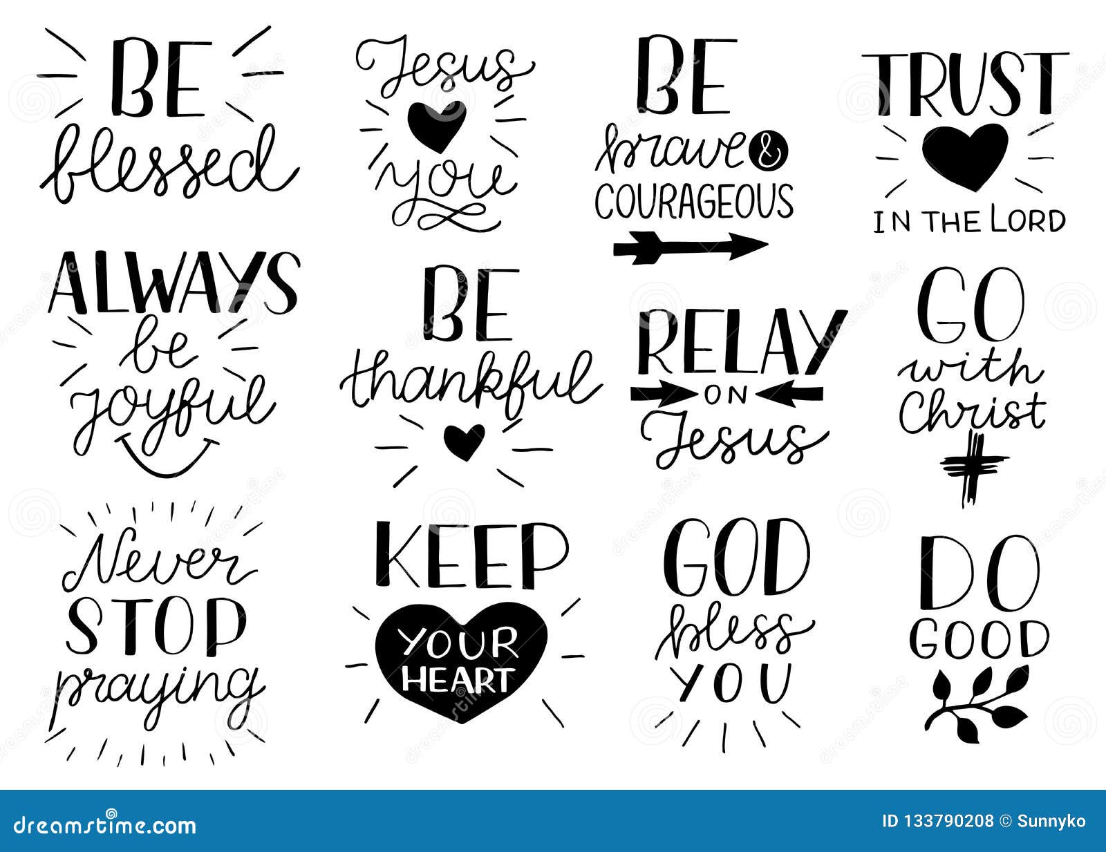 set of 12 hand lettering christian quotes be strong and courageous. jesus loves you. go with christ. do good.never stop