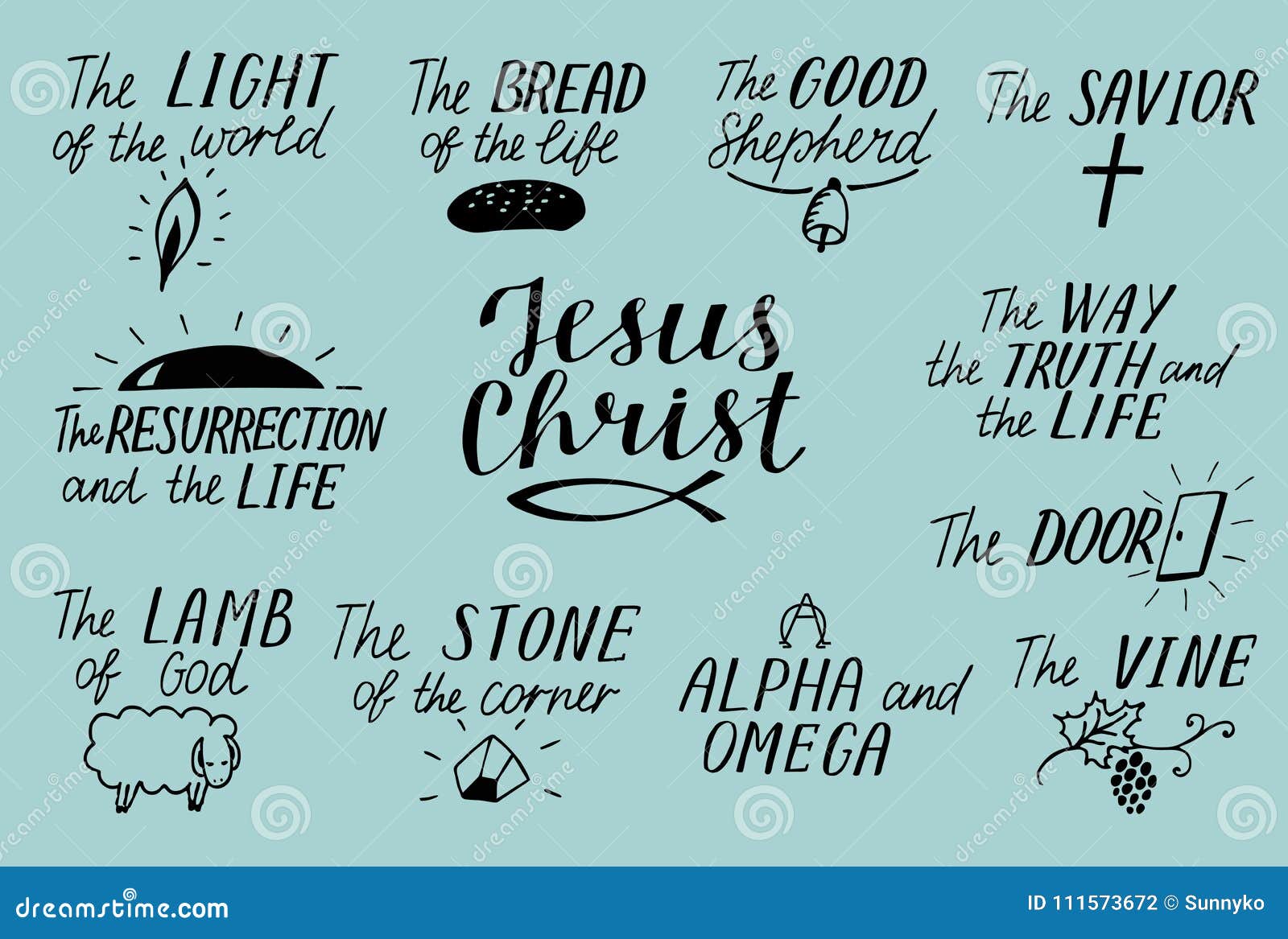 set of 11 hand lettering christian quotes about jesus christ. savior. door. good shepherd. way, truth, life. alpha and omega. lamb