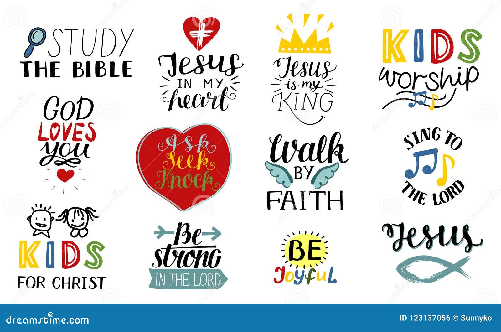 set of 12 hand lettering christian quotes jesus is my king, study the bible, walk by faith, kids ministry, sing to the