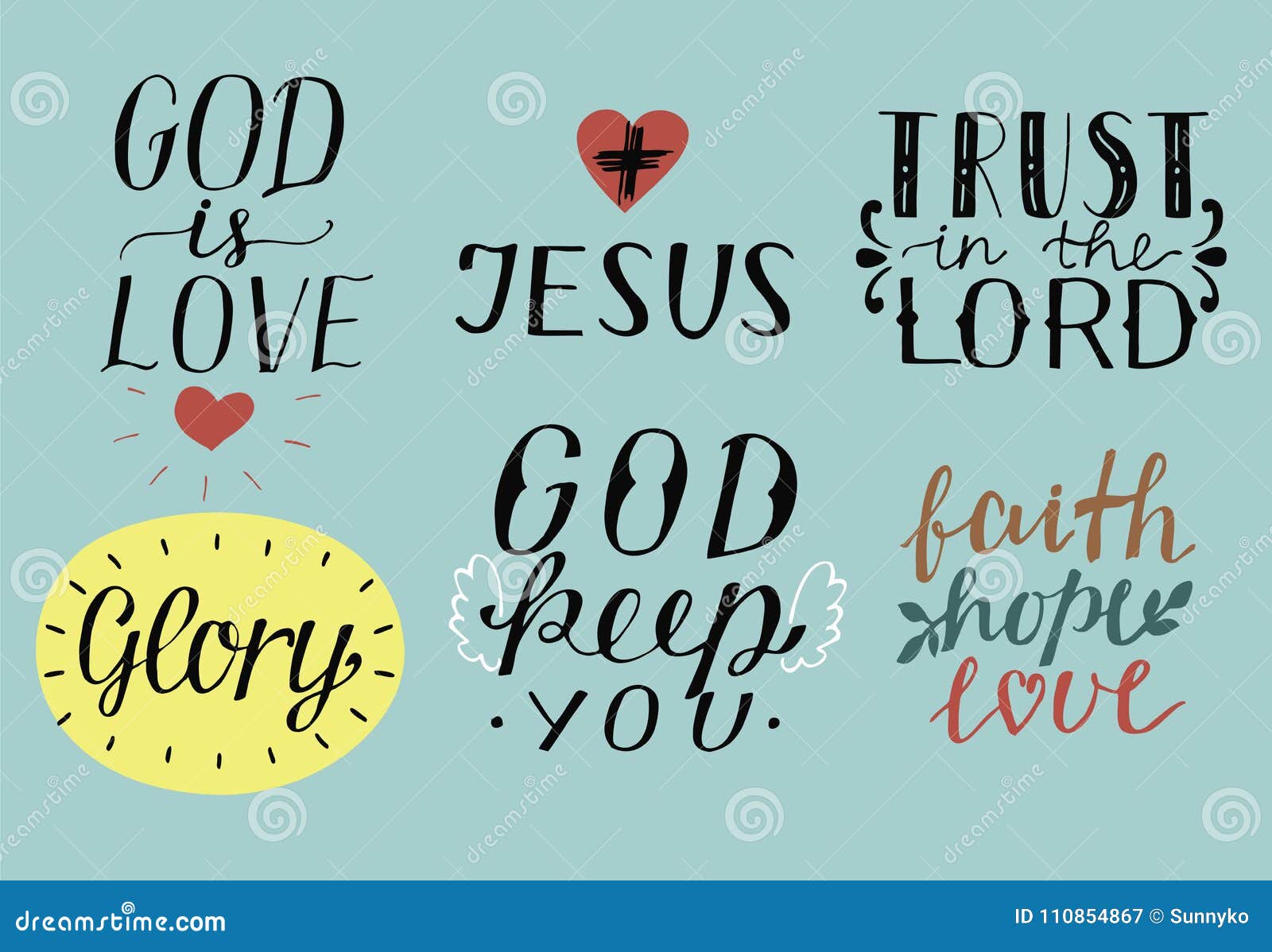 Set of 6 Hand Lettering Christian Quotes with Symbols God is Love ...