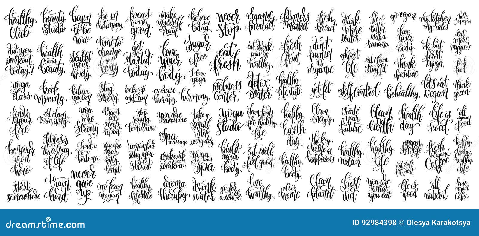 Set Of 100 Hand Lettering Inscriptions About Healthy Life And Fi