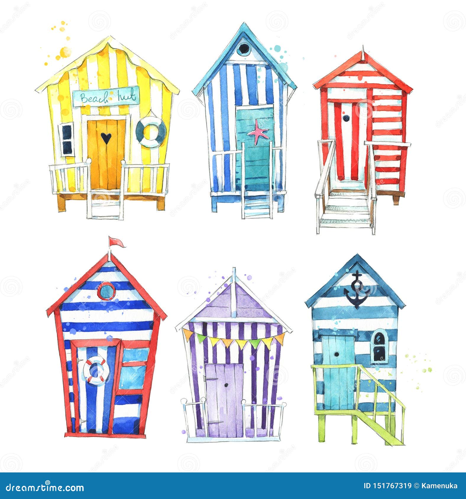 set of hand painted, colorful watercolor beach huts