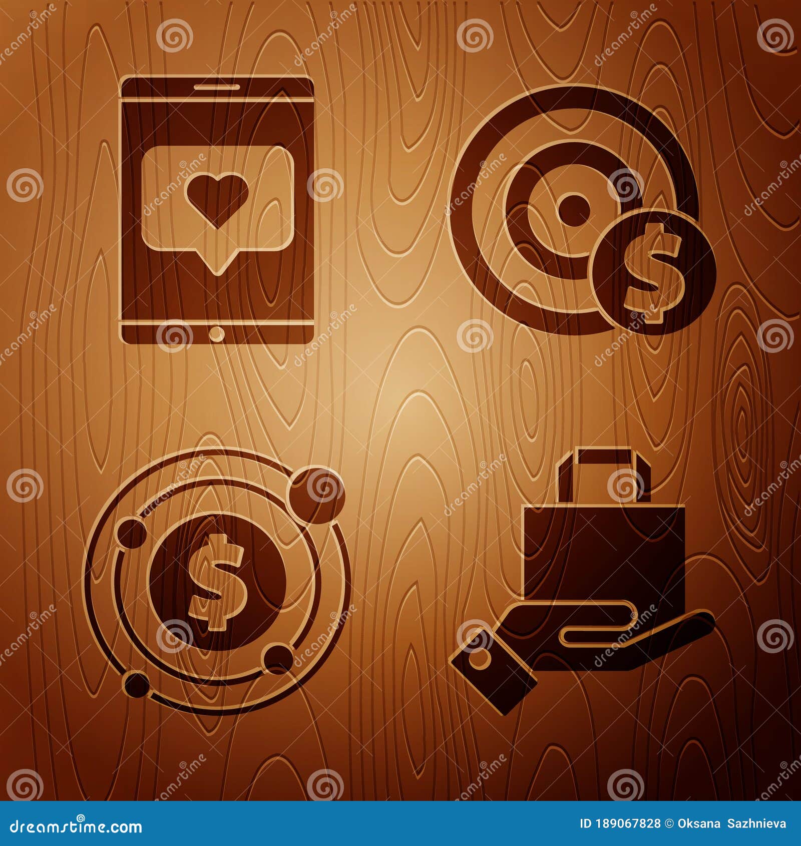 set hand and paper shopping bag, mobile phone and like with heart, target with dollar  and target with dollar