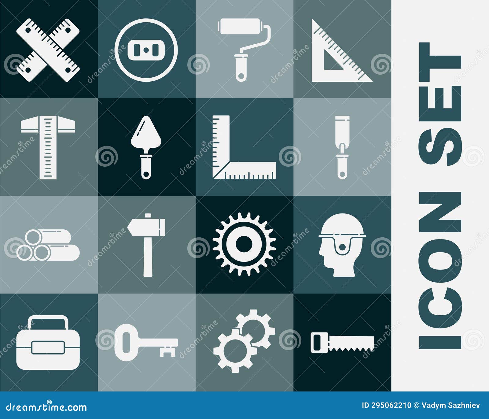 set hand saw, worker safety helmet, rasp metal file, paint roller brush, trowel, t-square line, crossed ruler and corner