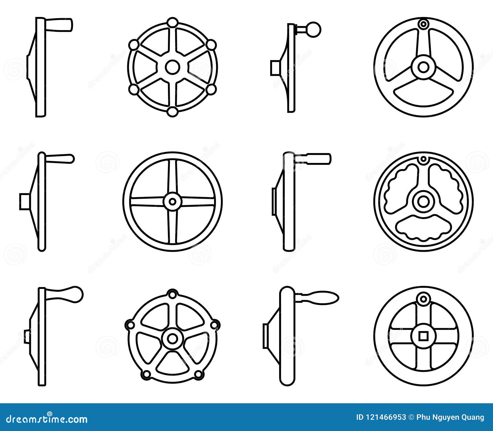 Set of Hand Wheel Icons for Operation and Adjustment. Thin Line Vector