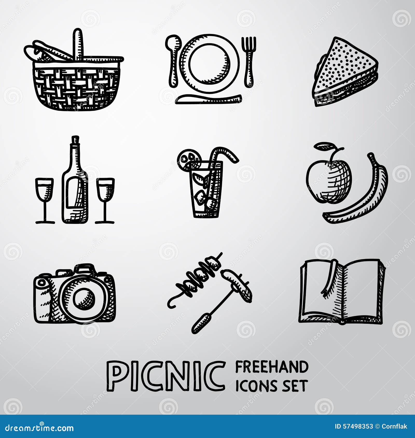 set of handdrawn picnic icons. 