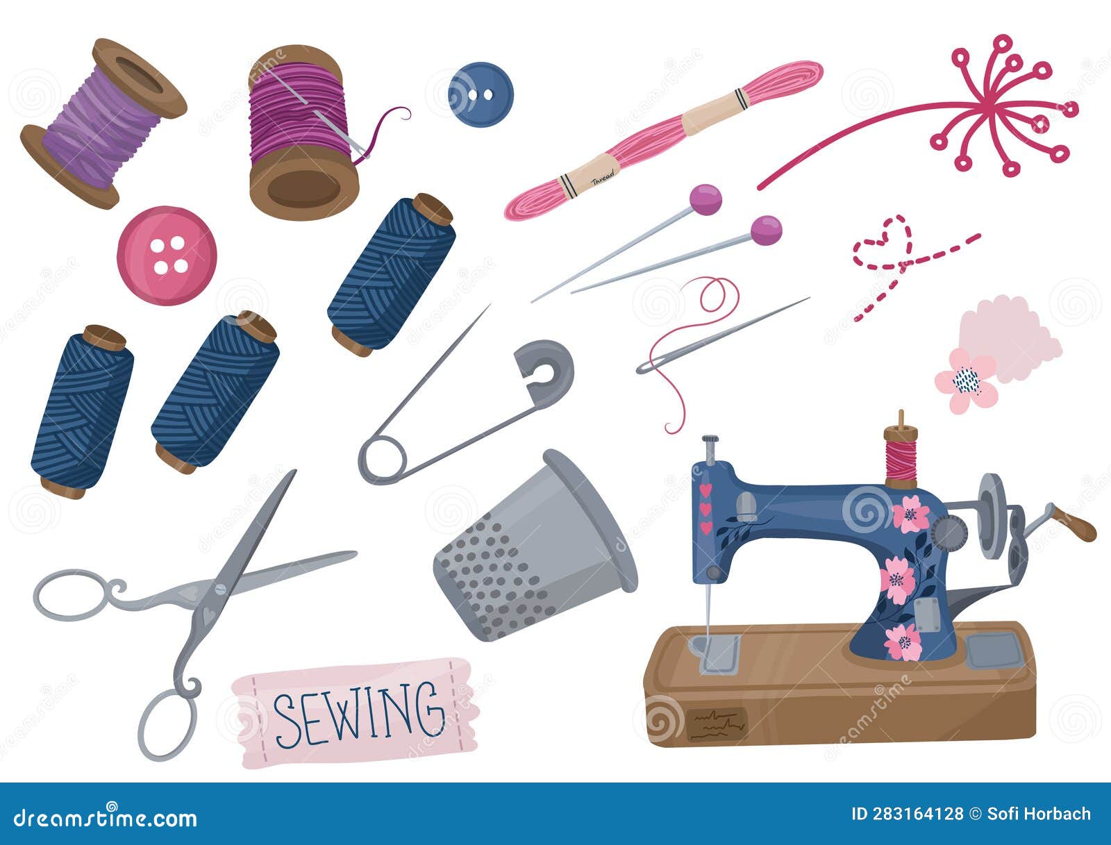 Set of Handmade Supplies. Sewing Machine, Pins, Threads Stock Vector