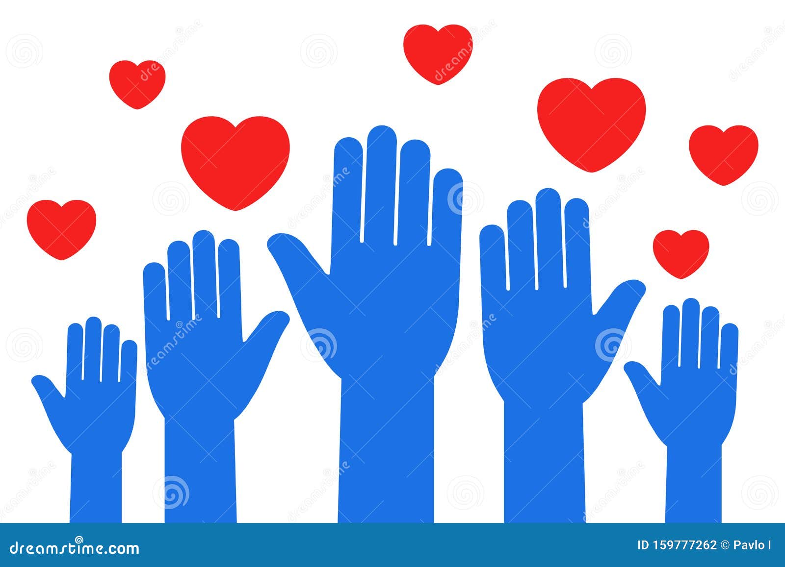 set hands with hearts, charity work icon, organization of volunteers, raised helping hands, family community - 