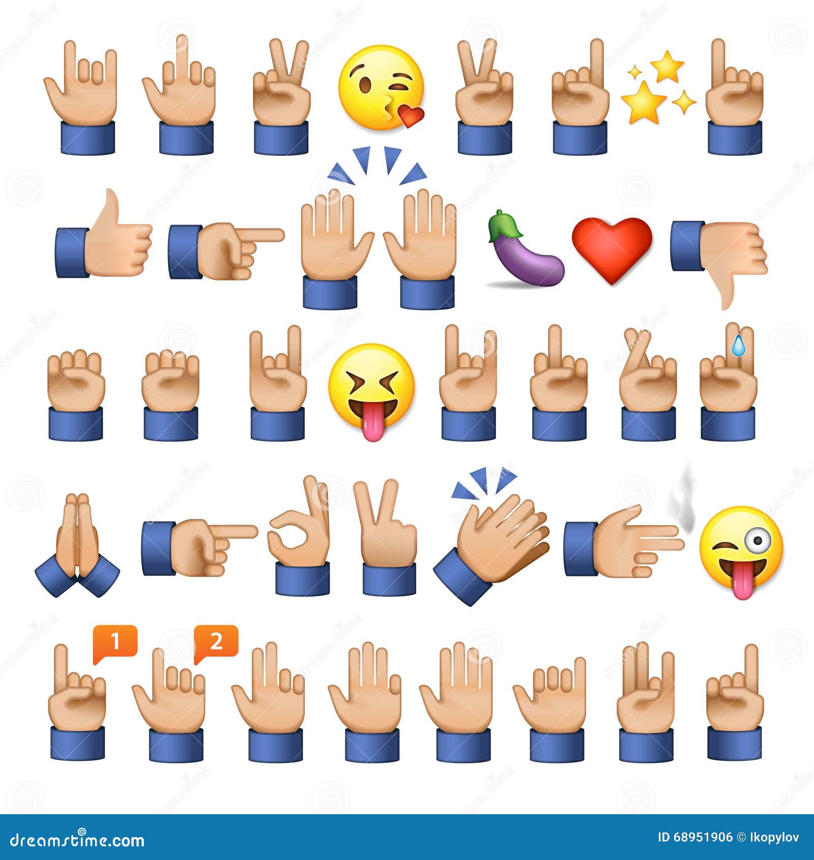 Hand gesture emojis icons collection. Handshake, biceps, applause, thumb,  peace, rock on, ok, folder hands gesturing. Set of different emoticon hands  isolated vector illustration., Stock vector