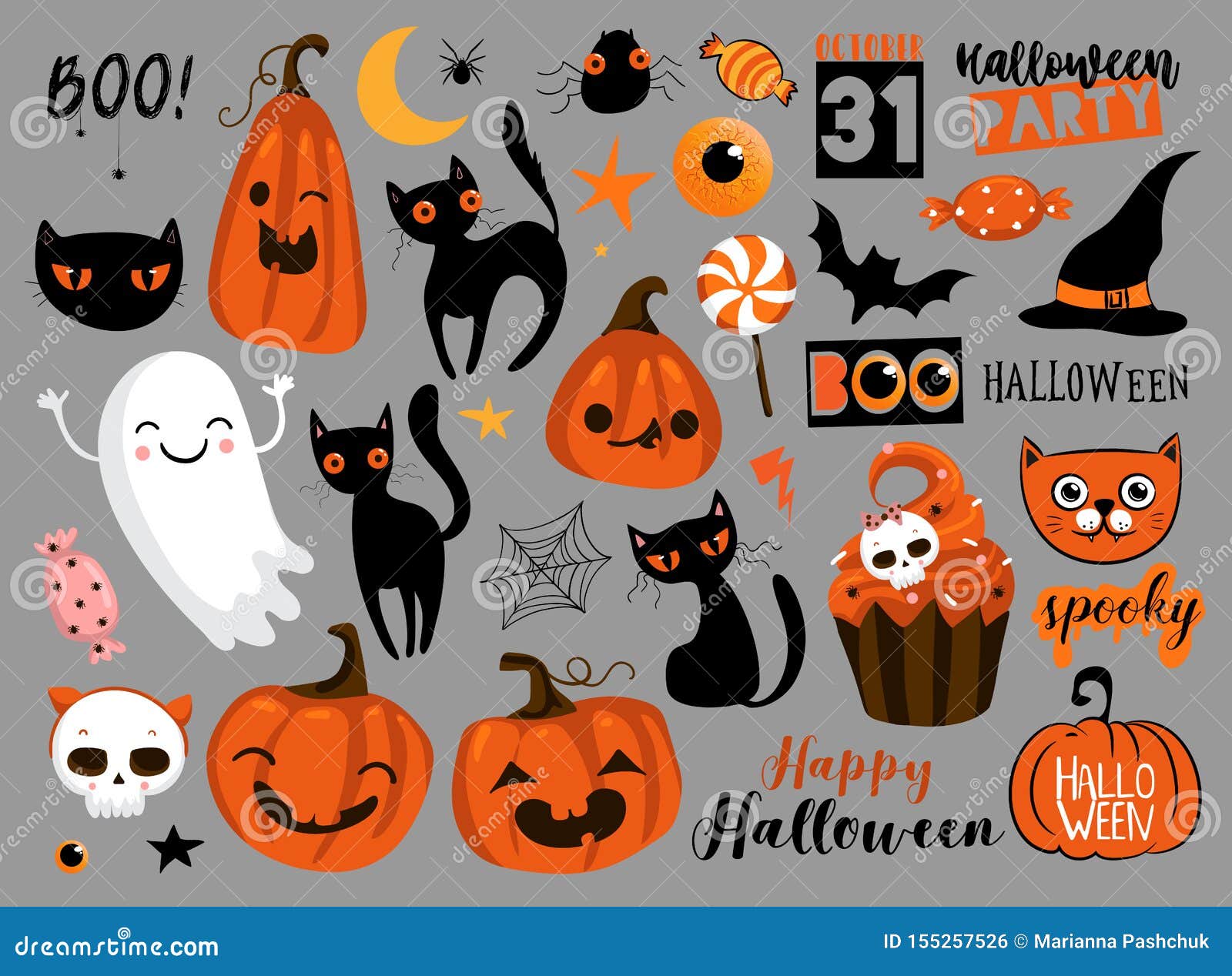 Set of Happy Halloween Design Elements. Halloween Logos, Badges, Labels, Icons, Objects. Vector Illustration EPS 10 Stock Vector - Illustration of horror, cats: 155257526