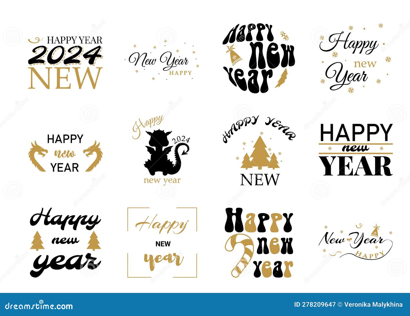 Set of Happy New Year 2024 Logo Design Stock Vector Illustration of
