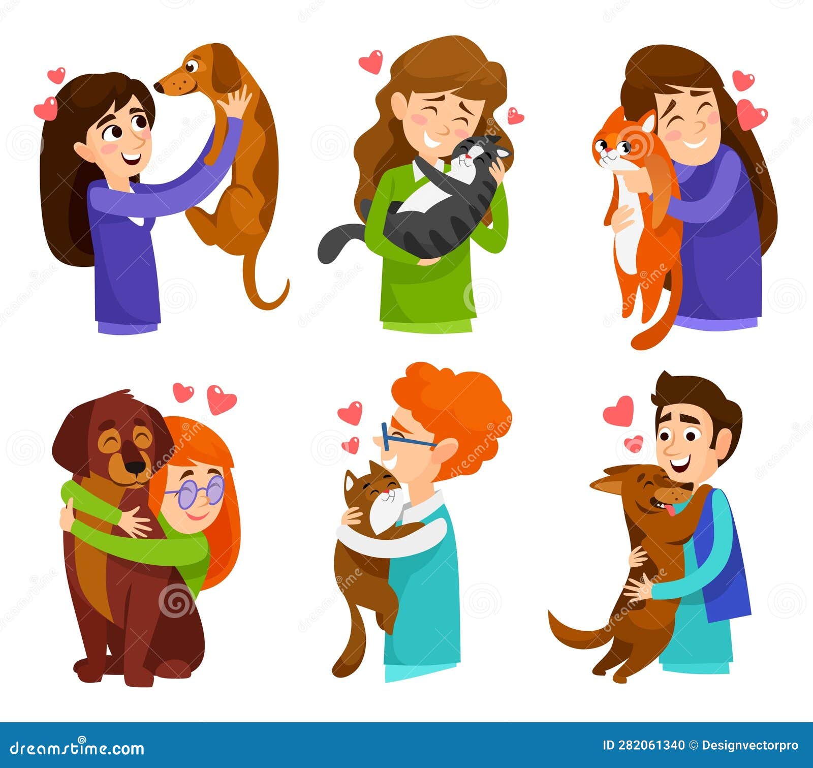 set of happy people adopting pets from a shelter  on white background