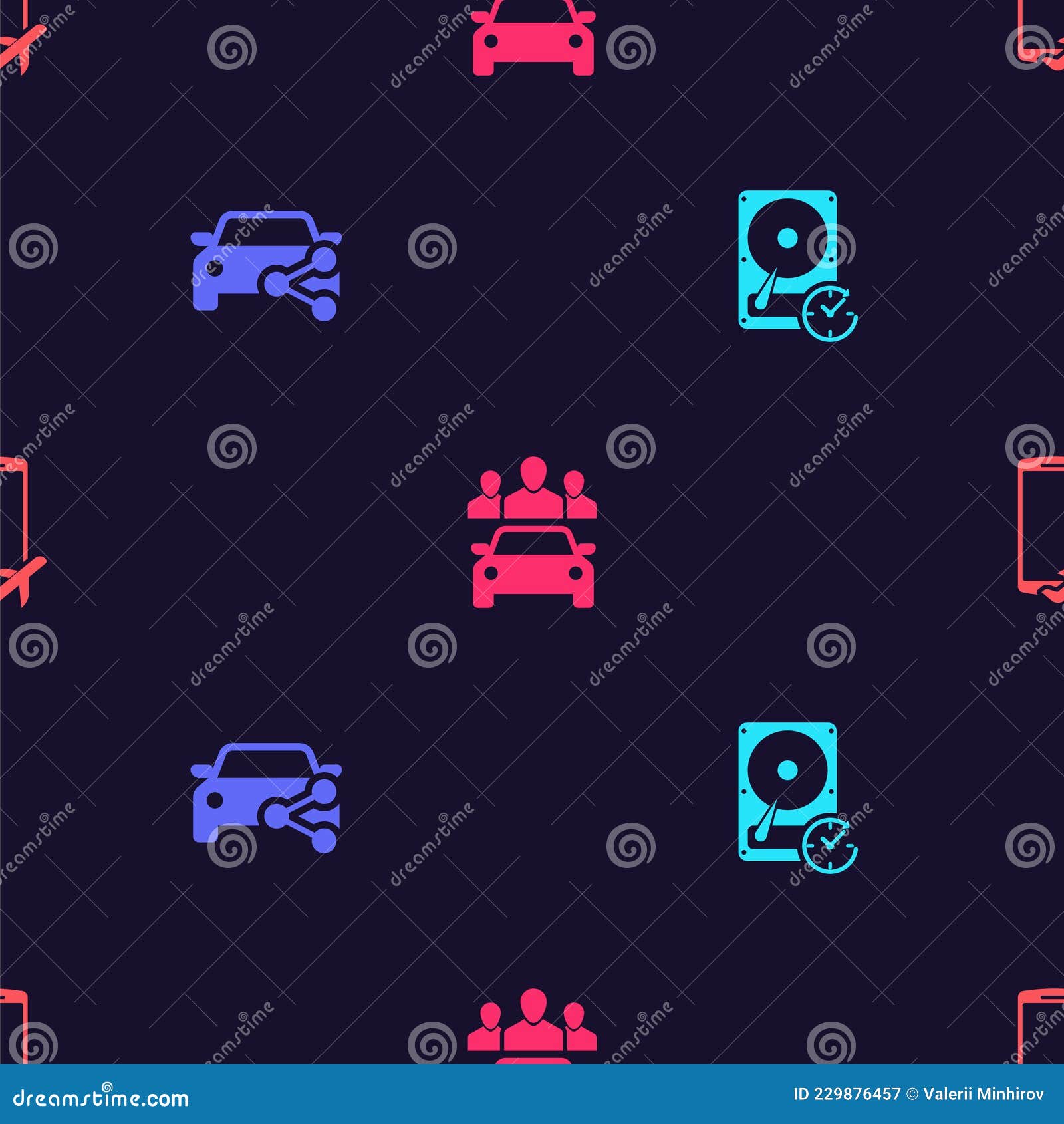 Set Hard Disk Drive with Clockwise, Car Sharing, and Flight Mode the Mobile on Seamless Pattern