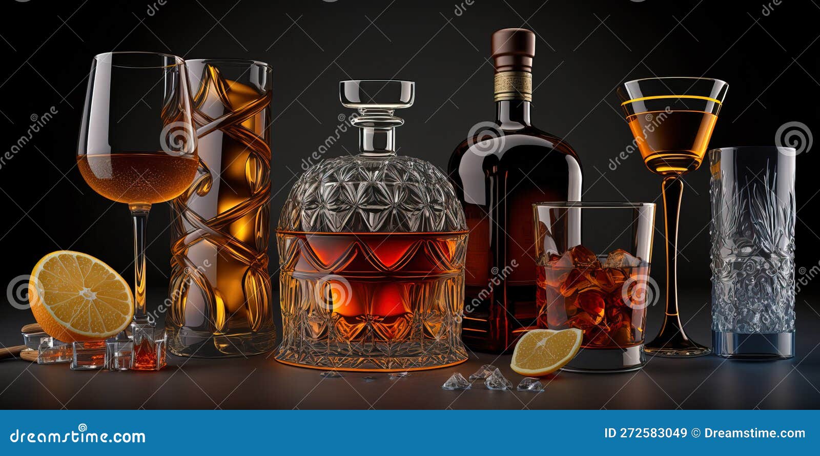 Set of Hard Strong Alcoholic Drinks and Spirits in Glasses in