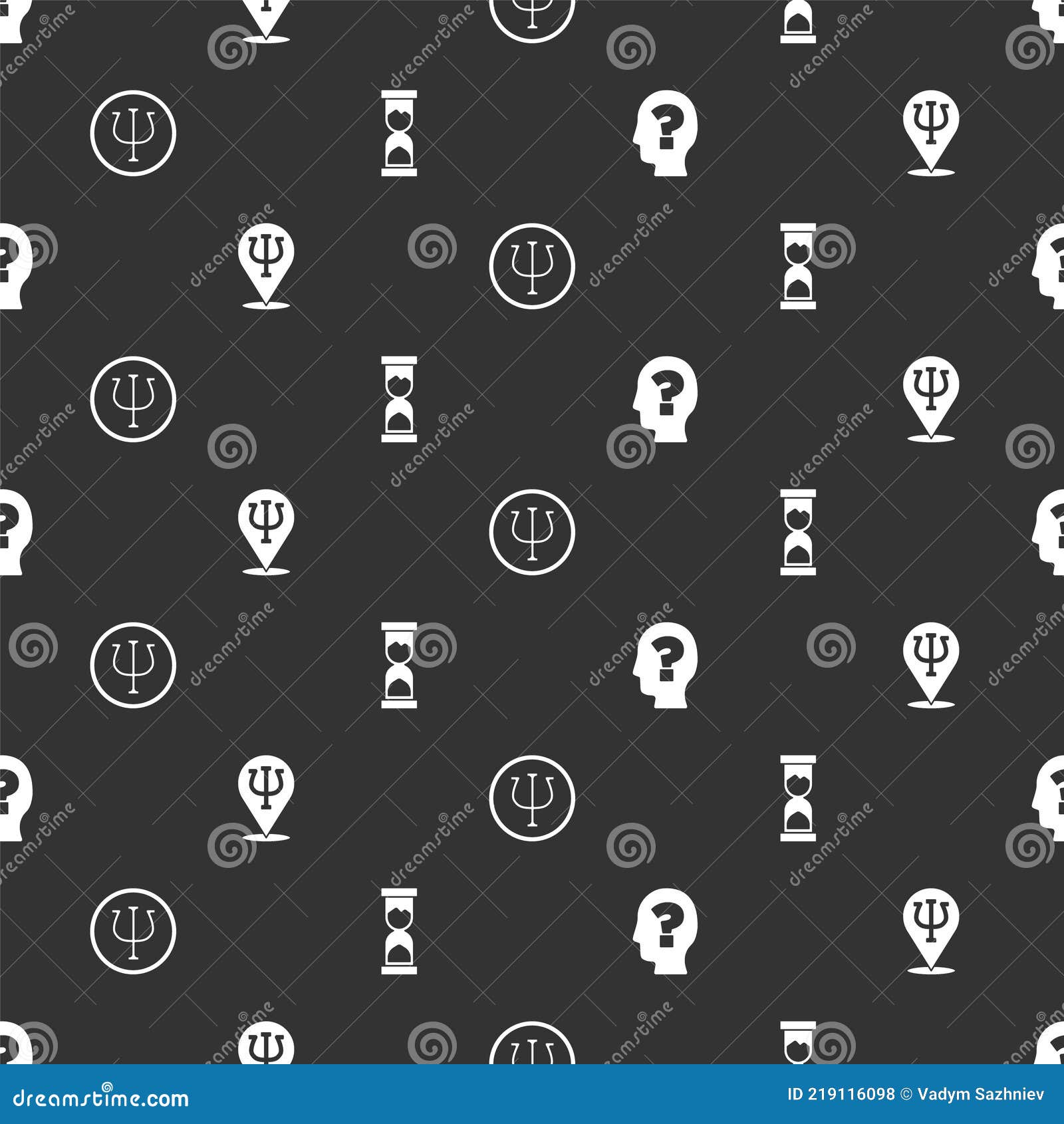 Set Head with Question Mark, Psychology, Psi, and Old Hourglass on