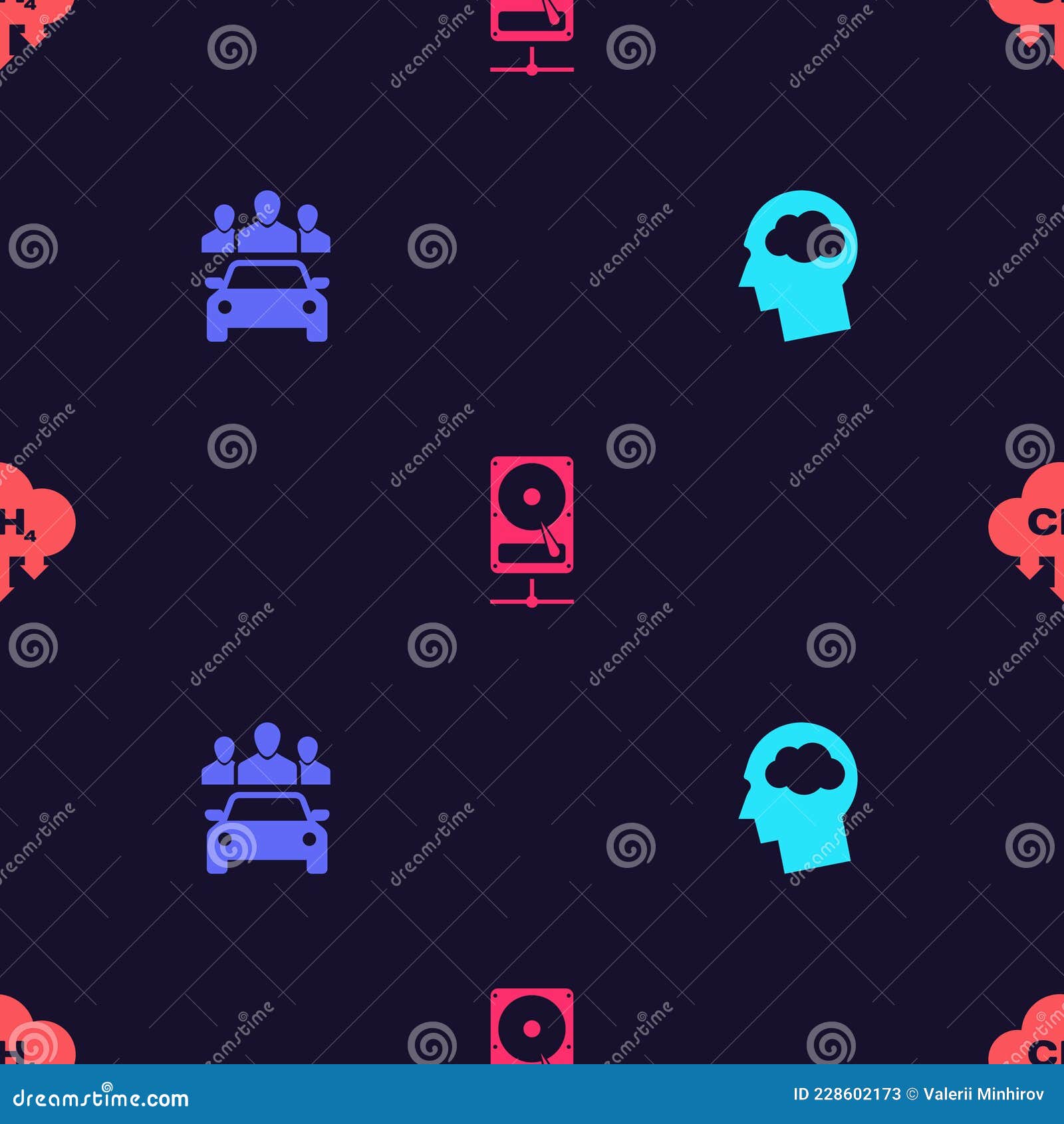 set head silhouette with cloud, car sharing, hard disk drive on network and methane emissions reduction on seamless