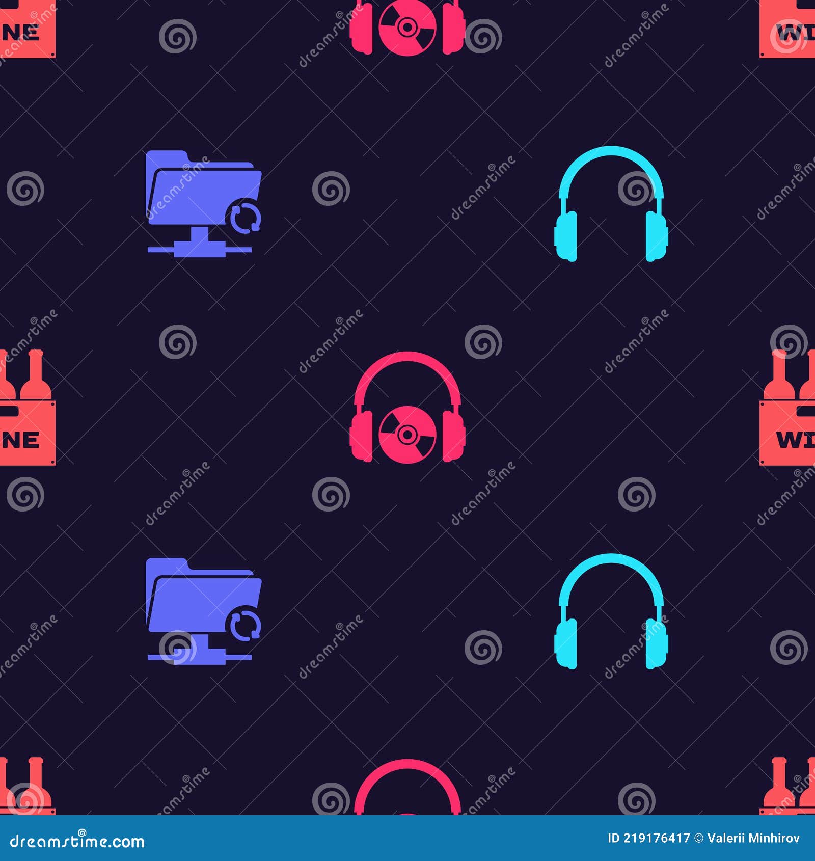 Set Headphones, FTP Sync Refresh, and CD or DVD and Bottles of Wine in Box  on Seamless Pattern. Vector Stock Vector - Illustration of fresh, isolated:  219176417