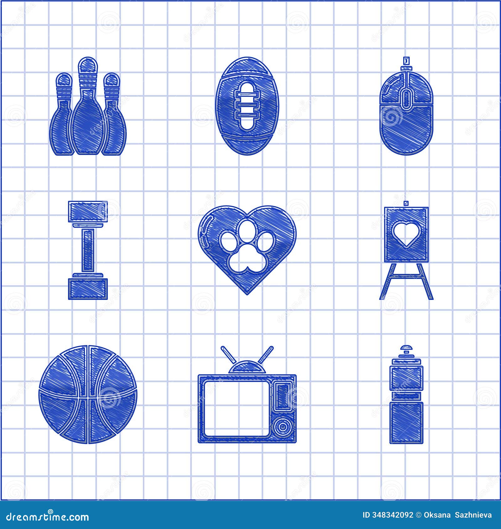 set heart with animals footprint, television, fitness shaker, wood easel or painting boards, basketball ball, dumbbell