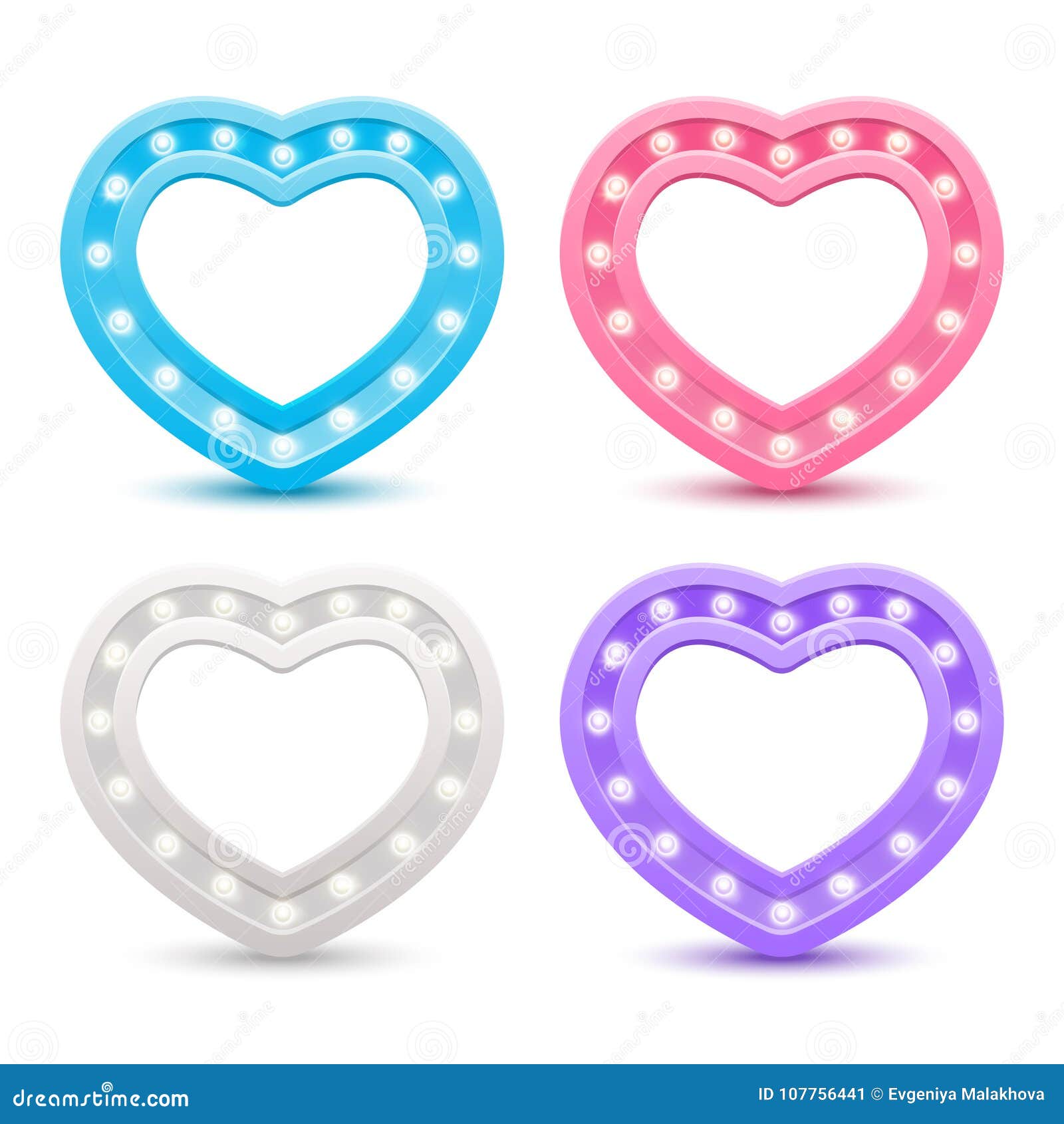 Set of Heart Frames with Light Bulbs Stock Vector Illustration of