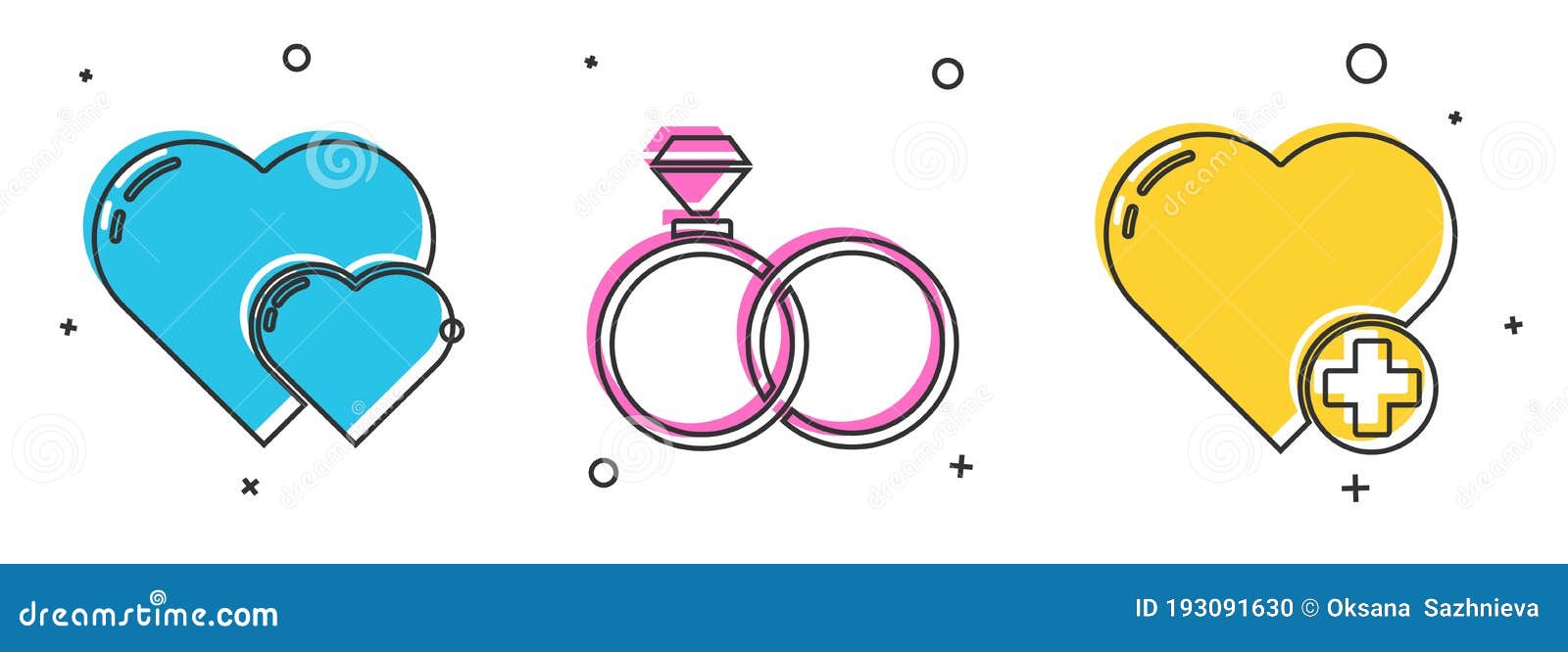 Set Heart, Wedding Rings and Heart Icon. Vector Stock Vector