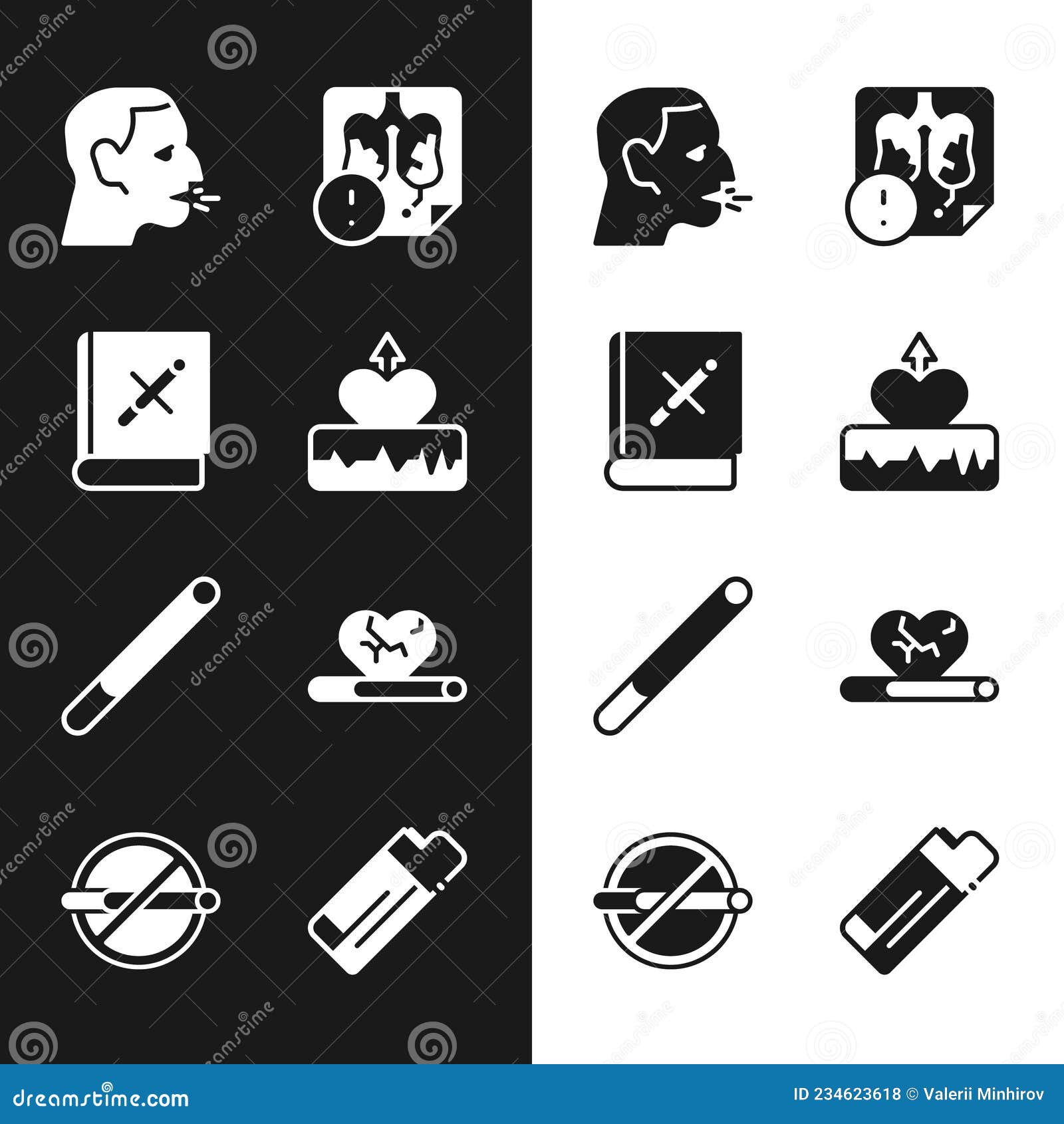 Set Heartbeat Increase, Book with Stop Cigarette, Man Coughing, Disease