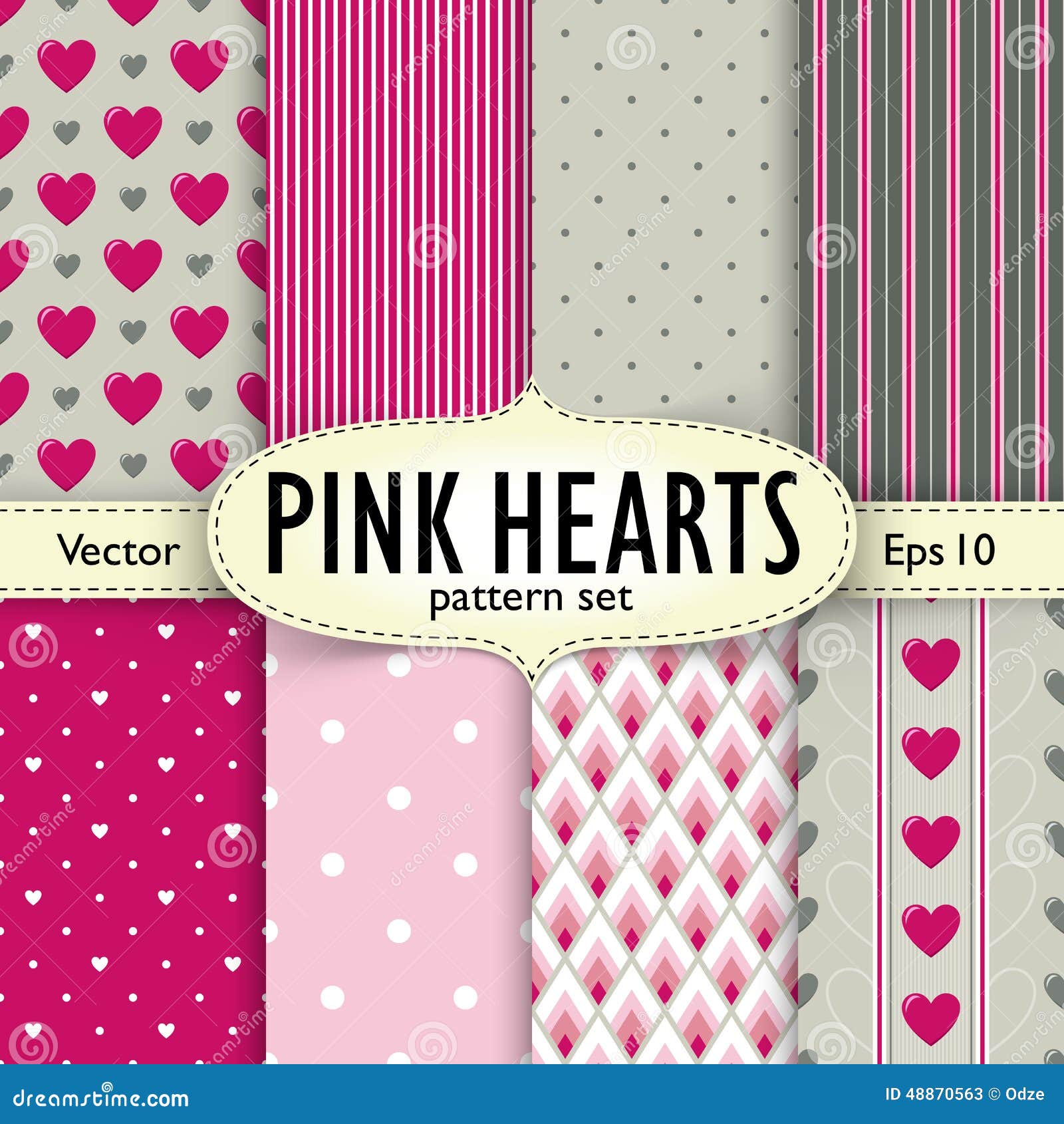 set of hearts, stripes and dots seamless patterns