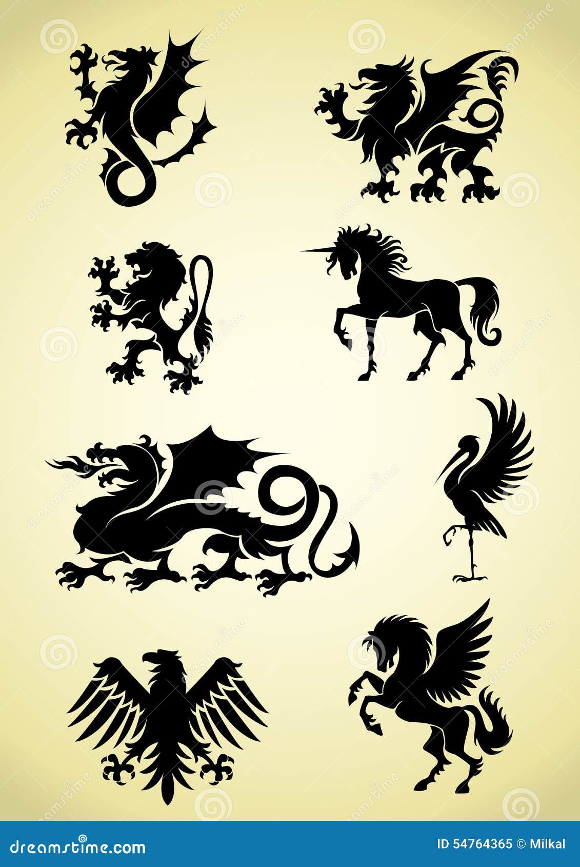 set of heraldry mythological animals