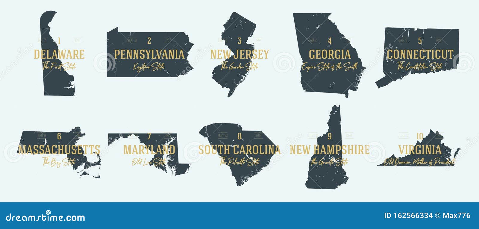 set 1 of 5 highly detailed  silhouettes of usa state maps with names and territory nicknames