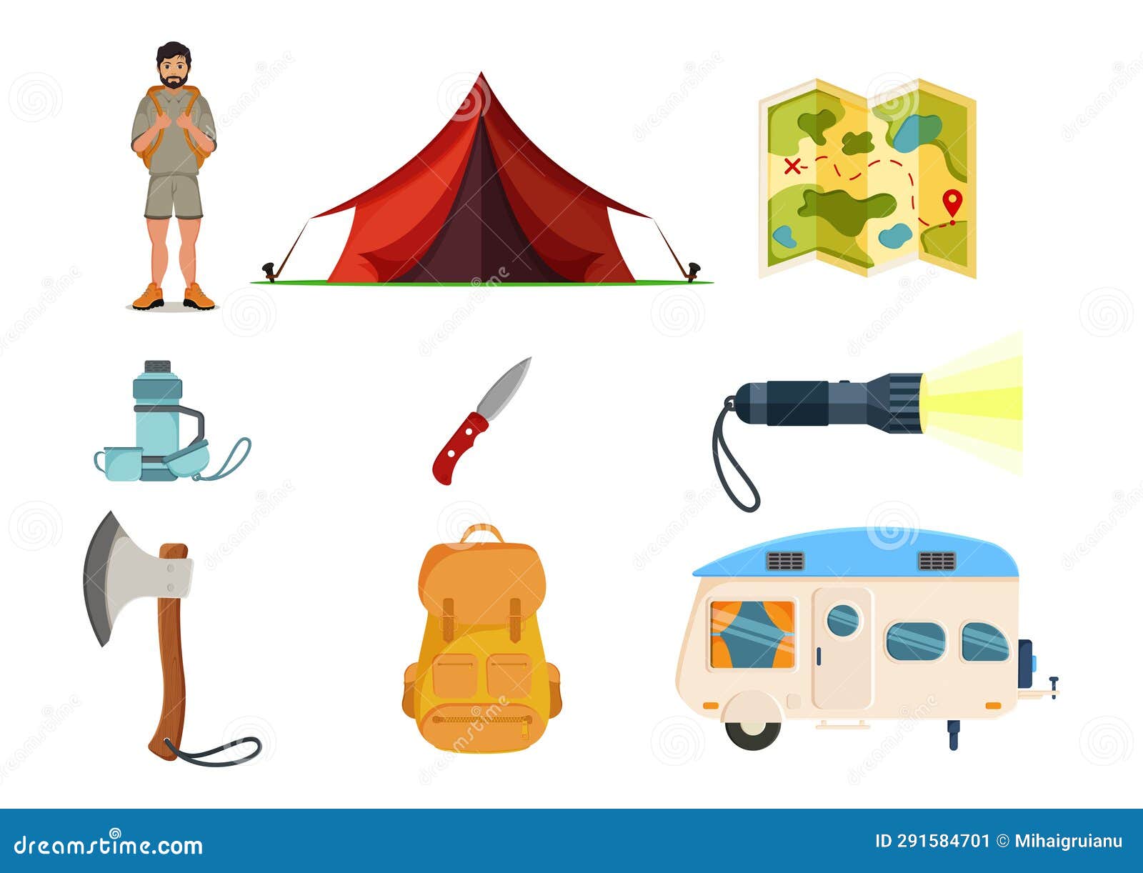 Set of Hiking Camping Items and Tools Vector Illustration Stock Vector