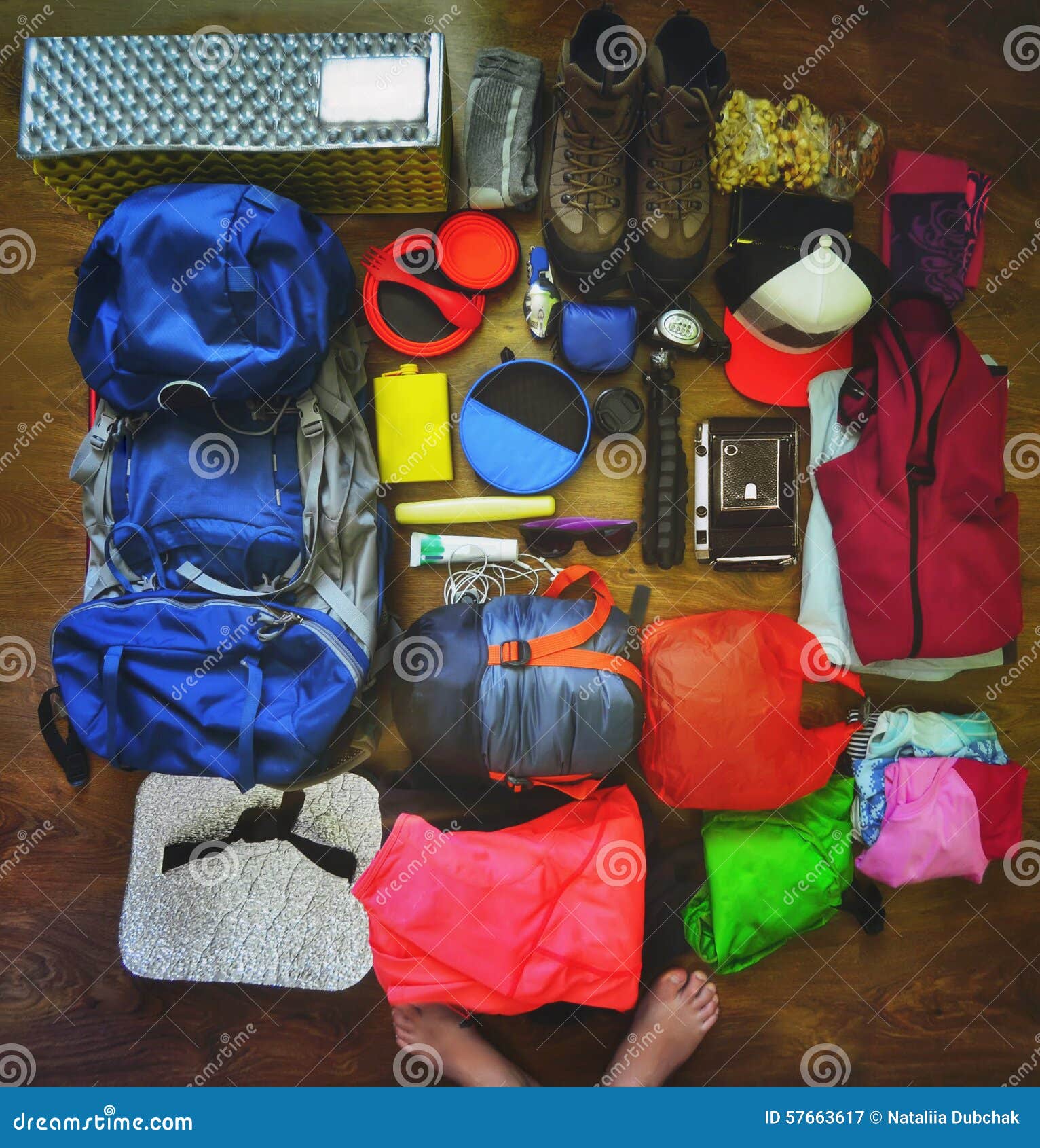 set of hiking gear to mountains