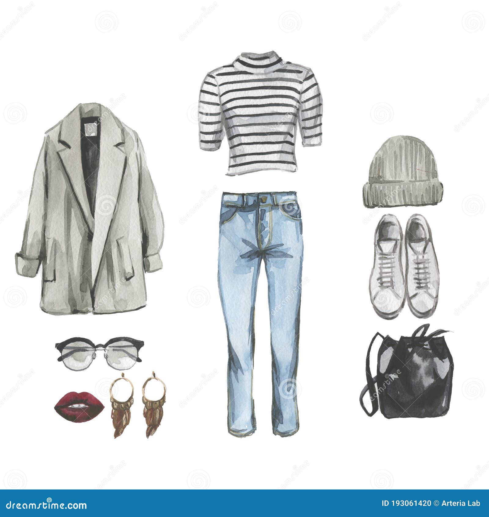 Set of Hipster Designer Clothes, Shoes and Bag for Woman. Casual Outfit  Watercolor Illustration. Street Style Look. Stock Illustration -  Illustration of fashion, office: 193061420