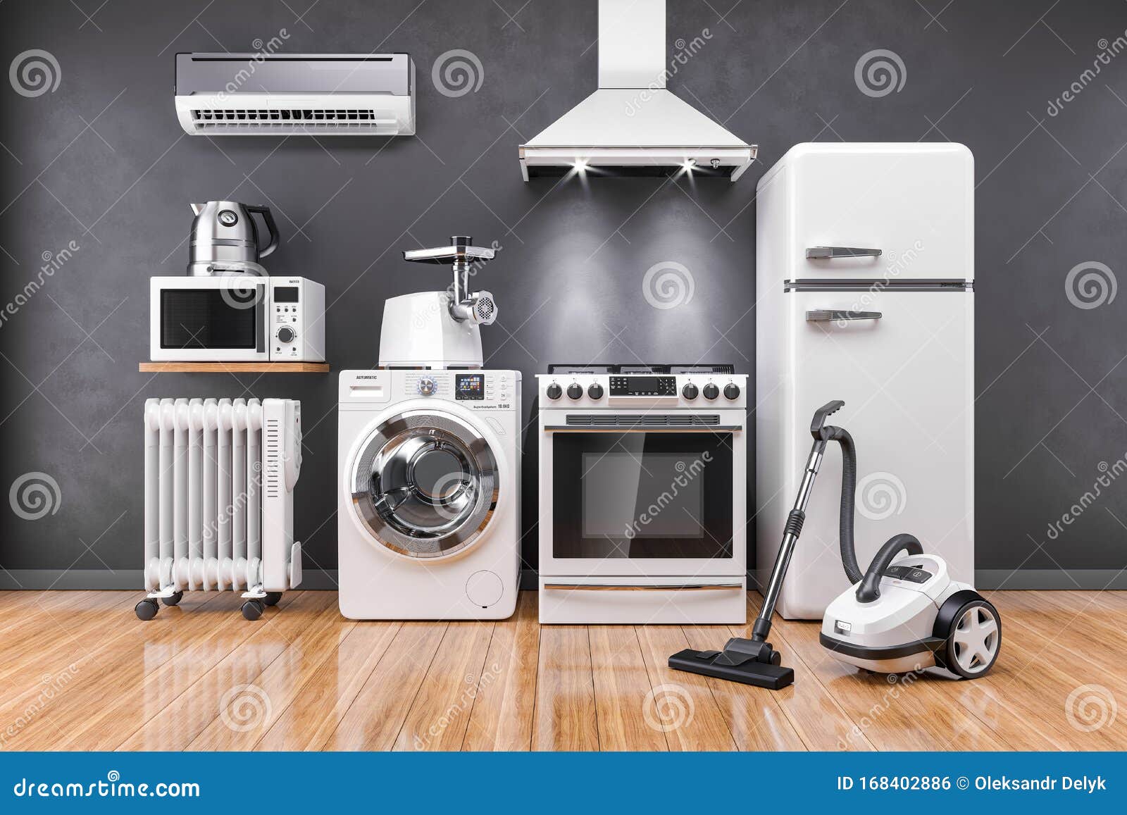 Set Of Home Kitchen Appliances In The Room On The Wall Background Stock Illustration Illustration Of Group Heater 168402886