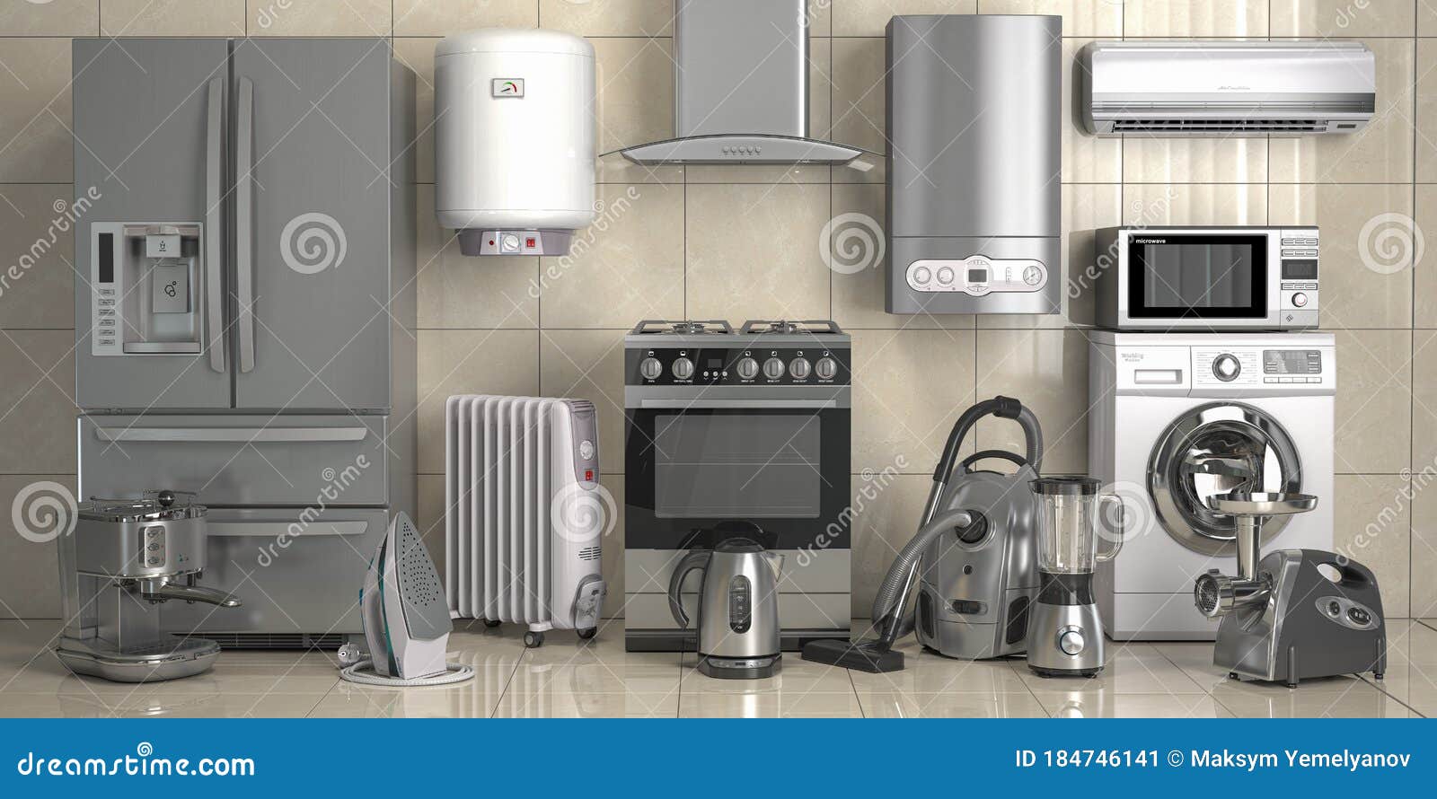 set of home kitchen appliances on the wall background. household technics