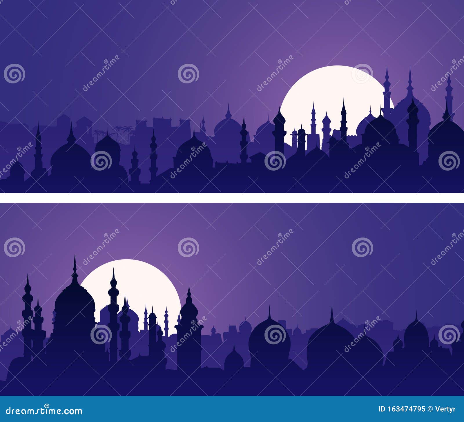 horizontal banners of eastern city with minarets and domes at night.