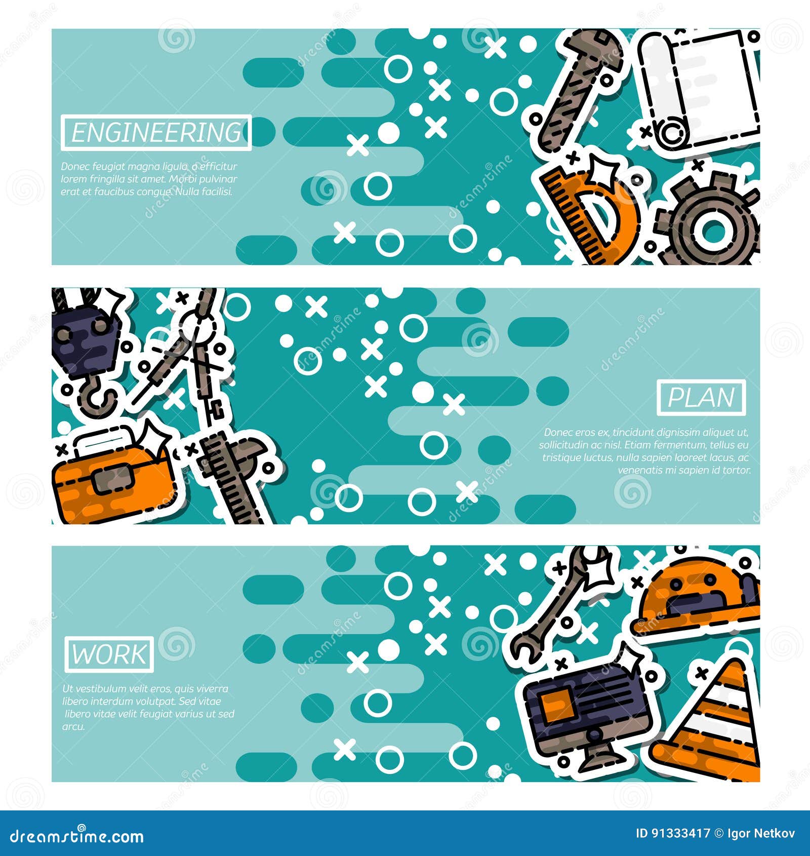 Set of Horizontal Banners about Engineering Stock Vector Illustration