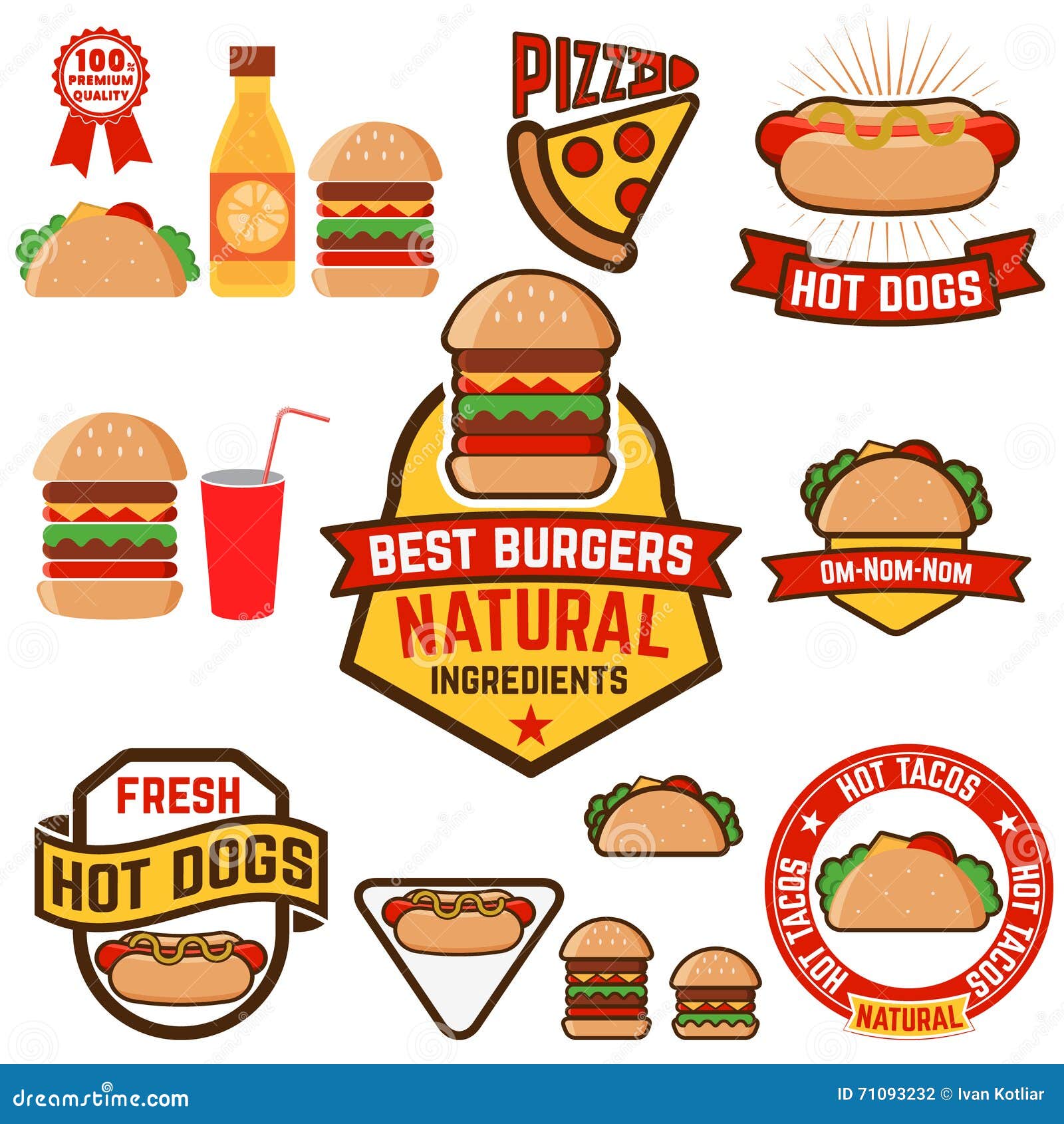 Set of Hot Dogs, Hamburgers, Tacos Labels, Badges and Design Elements Stock Vector ...