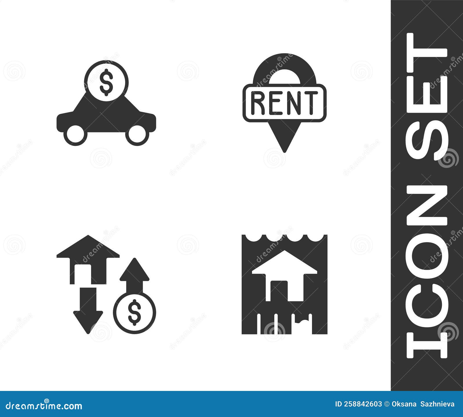 Set House, Car Rental, with Dollar and Location Key Icon. Vector Stock