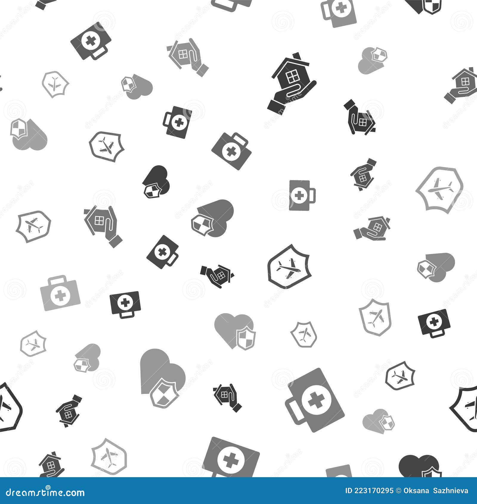 Set House in Hand, First Aid Kit, Plane with Shield and Life Insurance