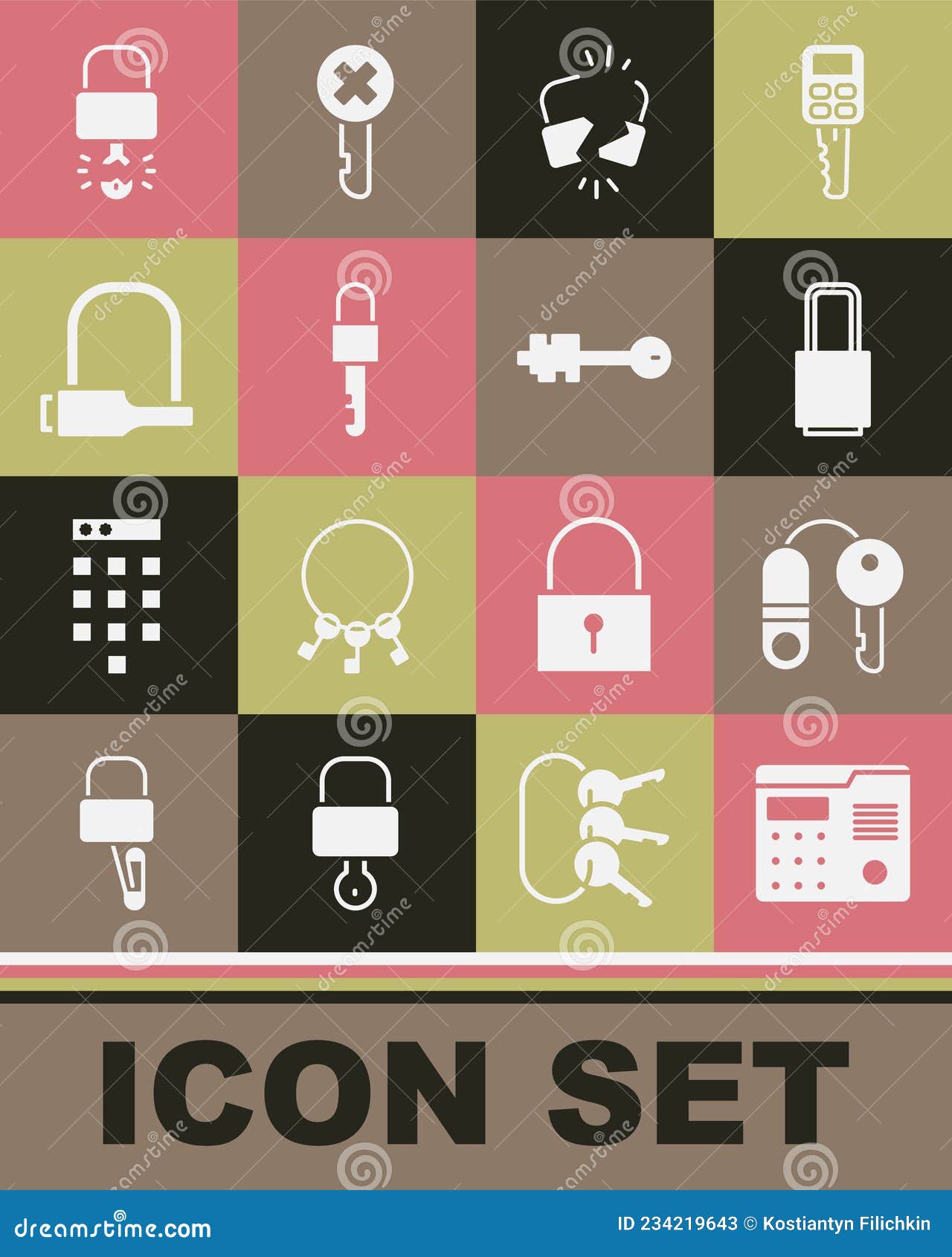 Set House System, with Key, Lock, Broken or Cracked Lock