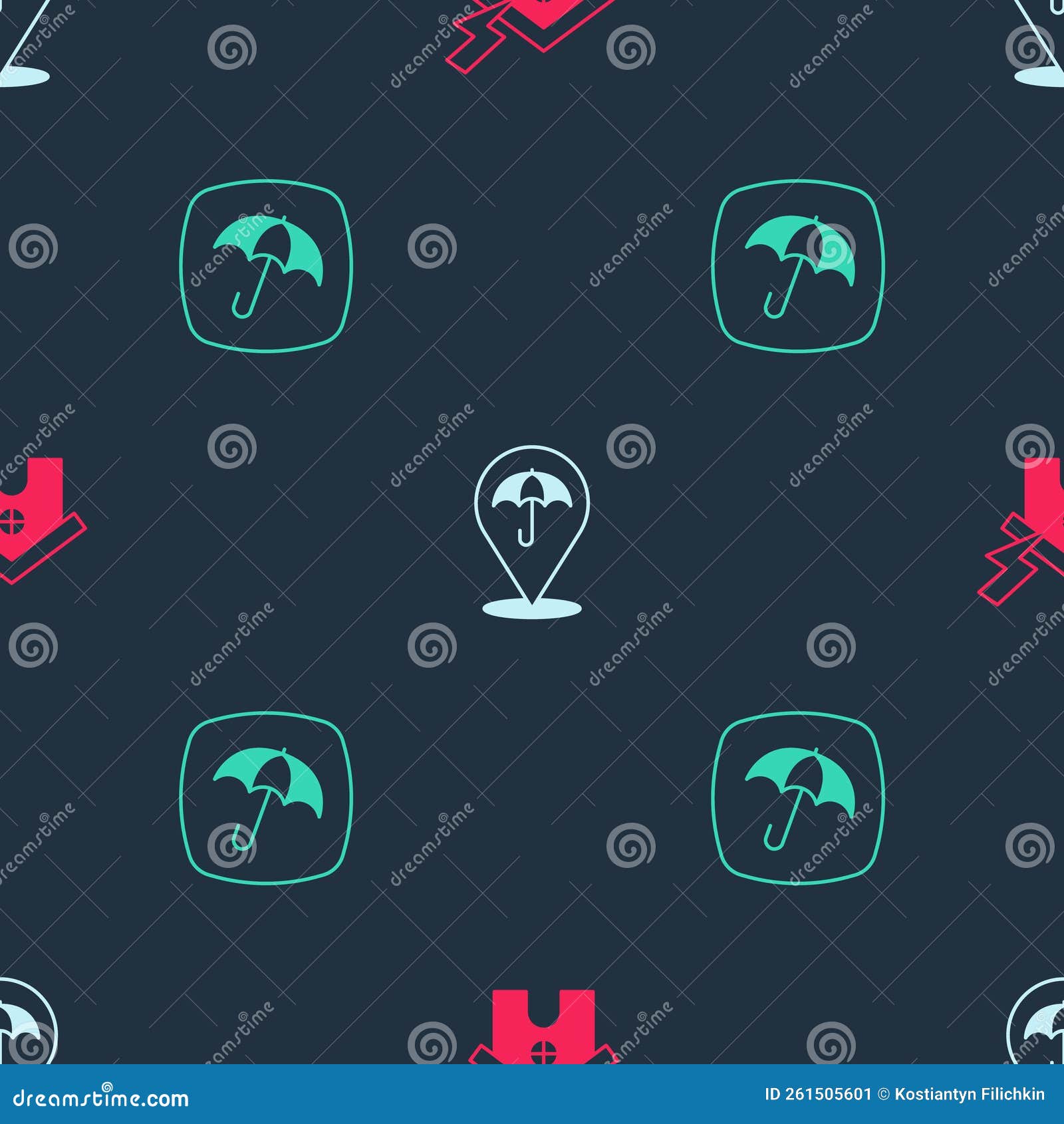 Set House and Lightning, Umbrella and on Seamless Pattern. Vector Stock
