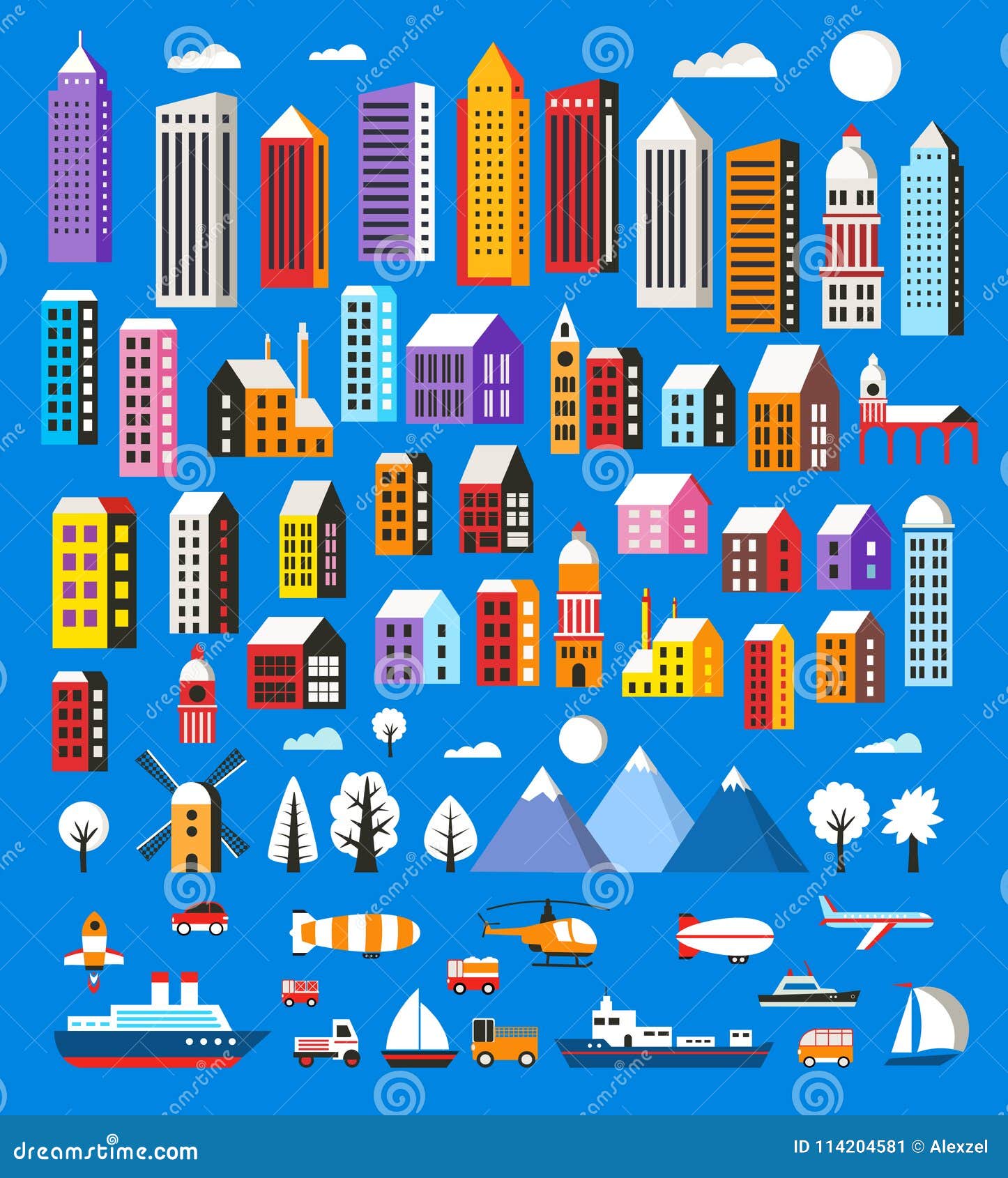 Set of houses and objects stock vector. Illustration of media - 114204581