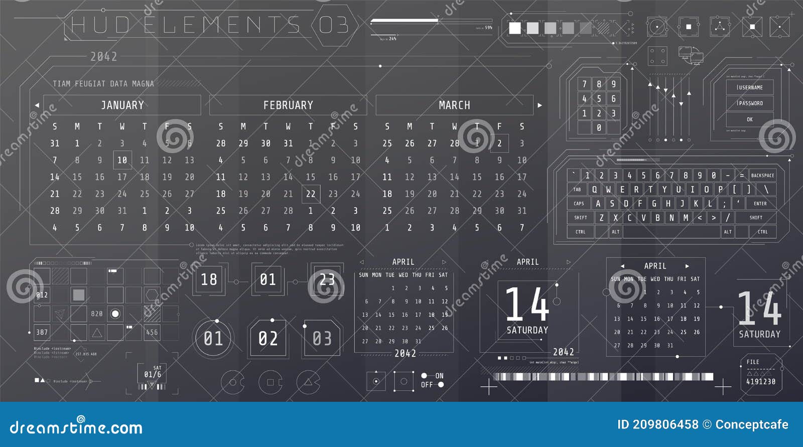 A Set of HUD Calendars Elements for a Futuristic Interface. Stock