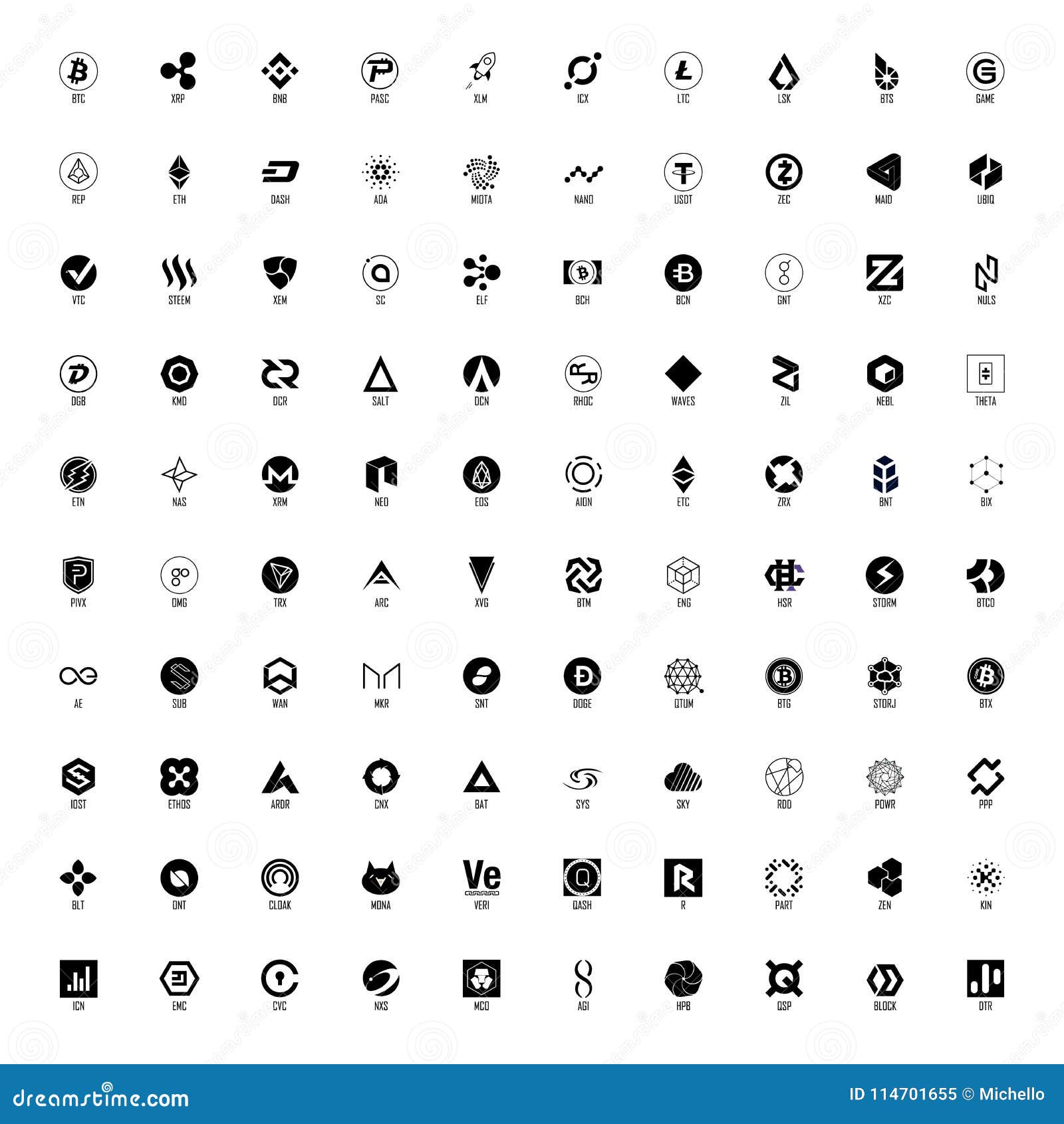 Set of Hundred Cryptocurrency Logos, Black and White Stock Vector ...