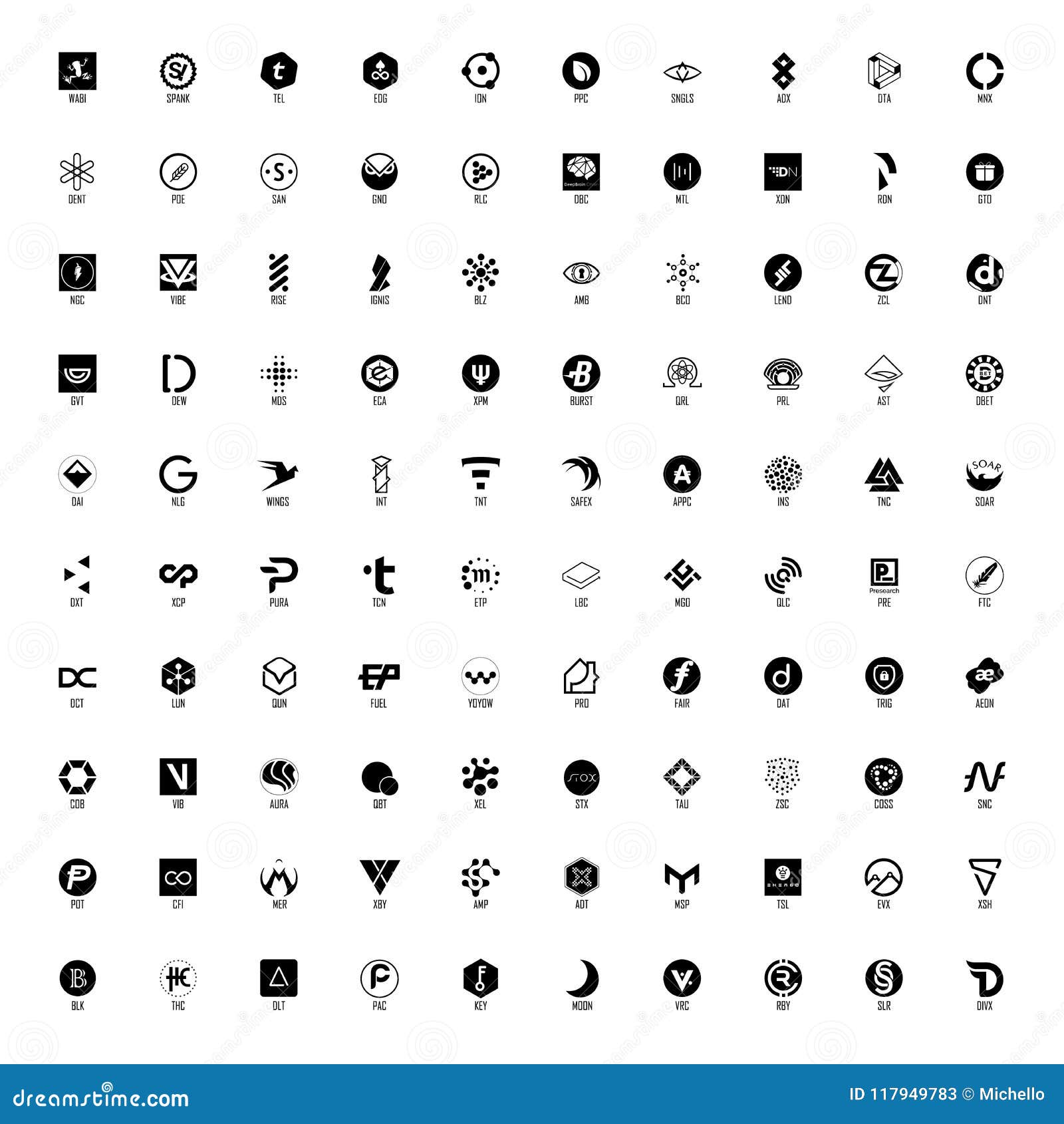 Set of Hundred Cryptocurrency Logos, Black and White, Part 2 Stock ...