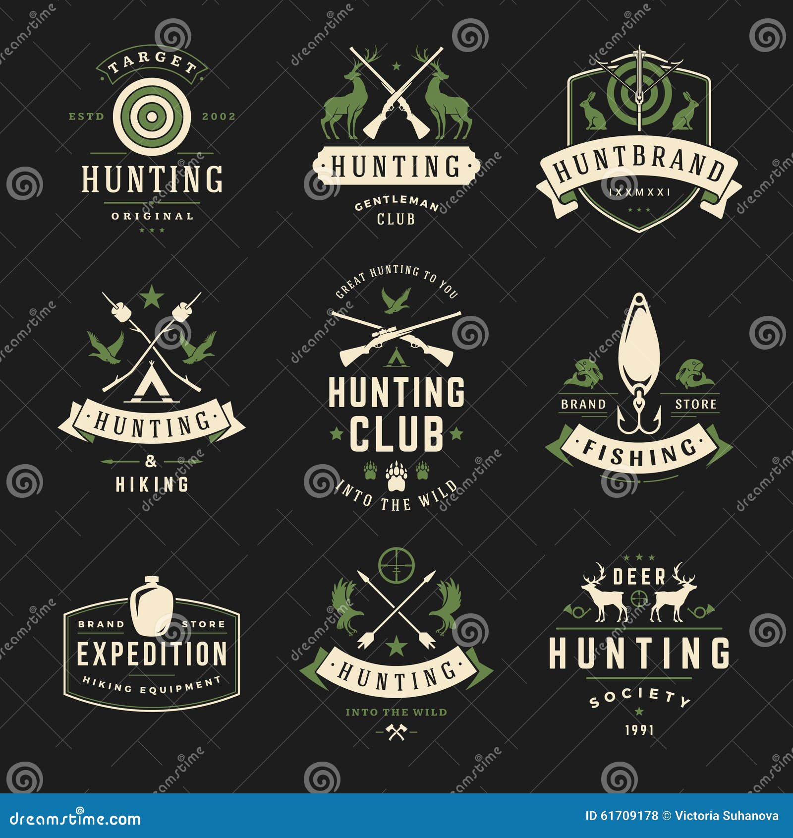 Set of Hunting and Fishing Labels, Badges, Logos Stock Vector -  Illustration of icon, horn: 61709178