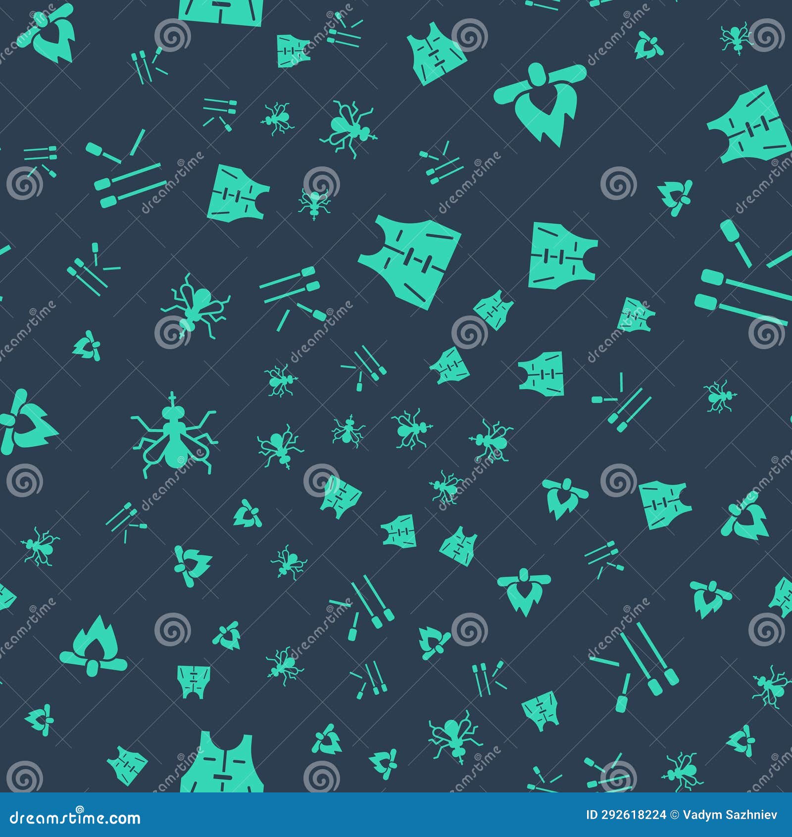 Set Hunting Jacket, Campfire, Mosquito and Matches on Seamless Pattern