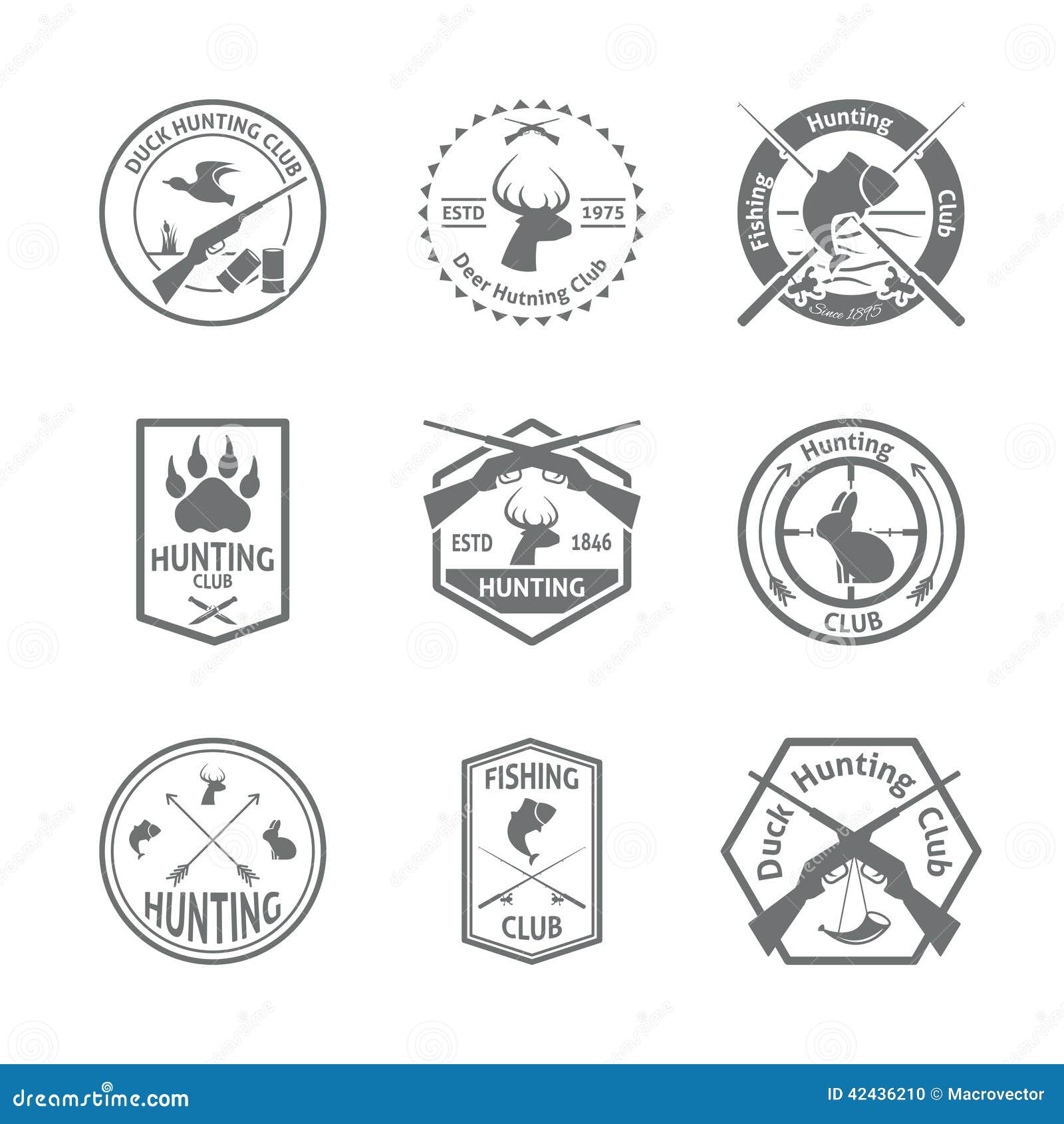 Set of hunting and fishing club patches. Vector illustration